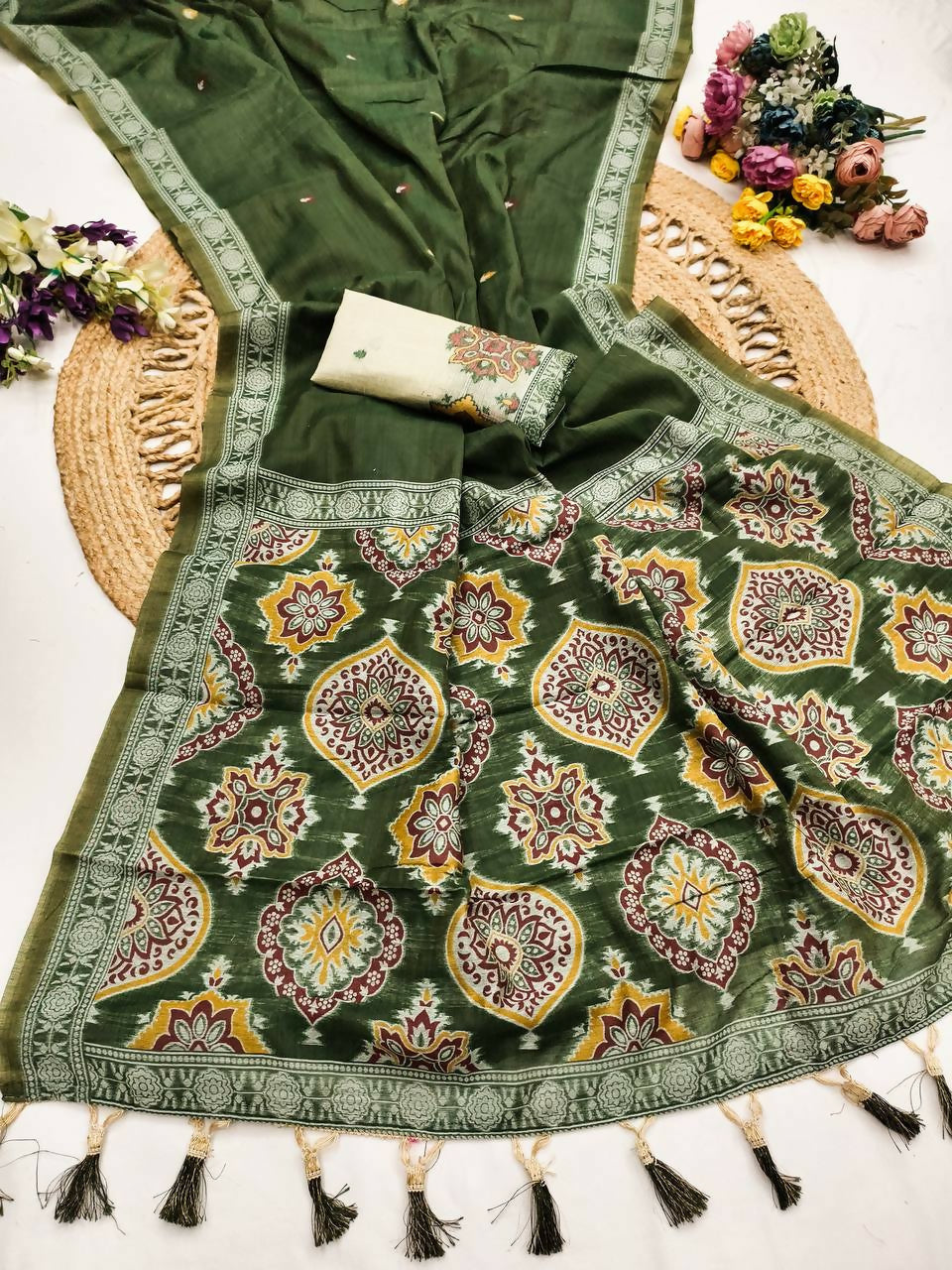 Vastranavya Green Muga Cotton Meenakari & Azarakh Pallu Saree with Contrast Blouse | Grocsy