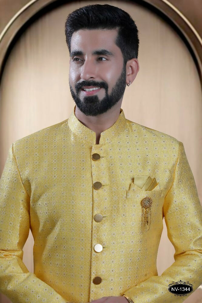 Joban Fashion Men's Yellow Brocade Kurta with Pyjama | Grocsy
