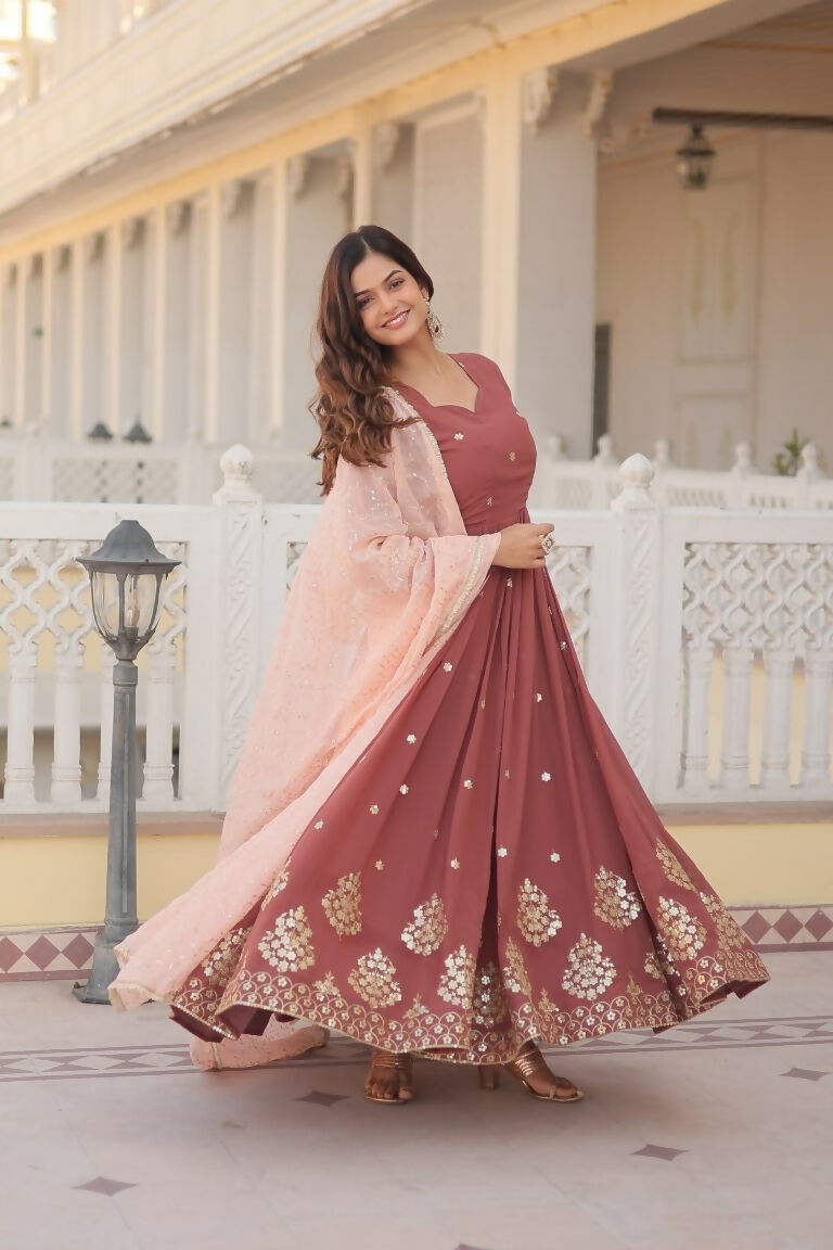 Jyoti Fashion Women's Brown Faux Georgette Sequins Thread Embroidery Anarkali Dress with Dupatta | Grocsy