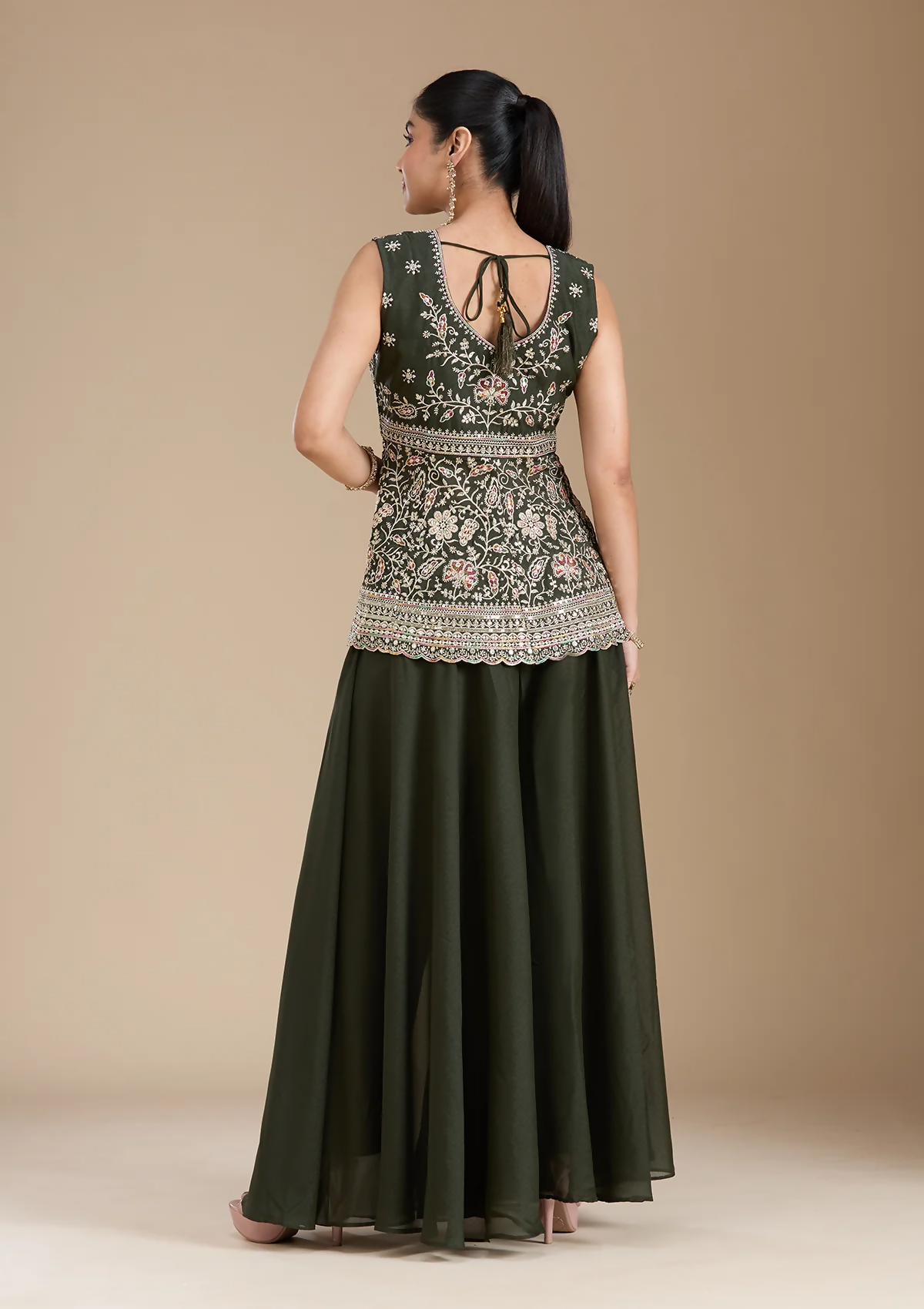 Teeya Creation Mehendi Color Star Georgette Party Wear Designer Peplum Sharara Set | Grocsy