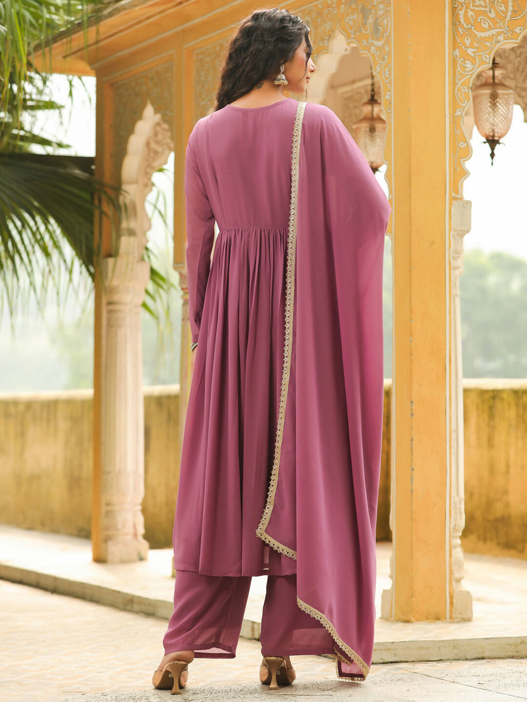 Janasya Lavender Georgette Yoke Embroidery Kurta,Bottom & Dupatta | Grocsy