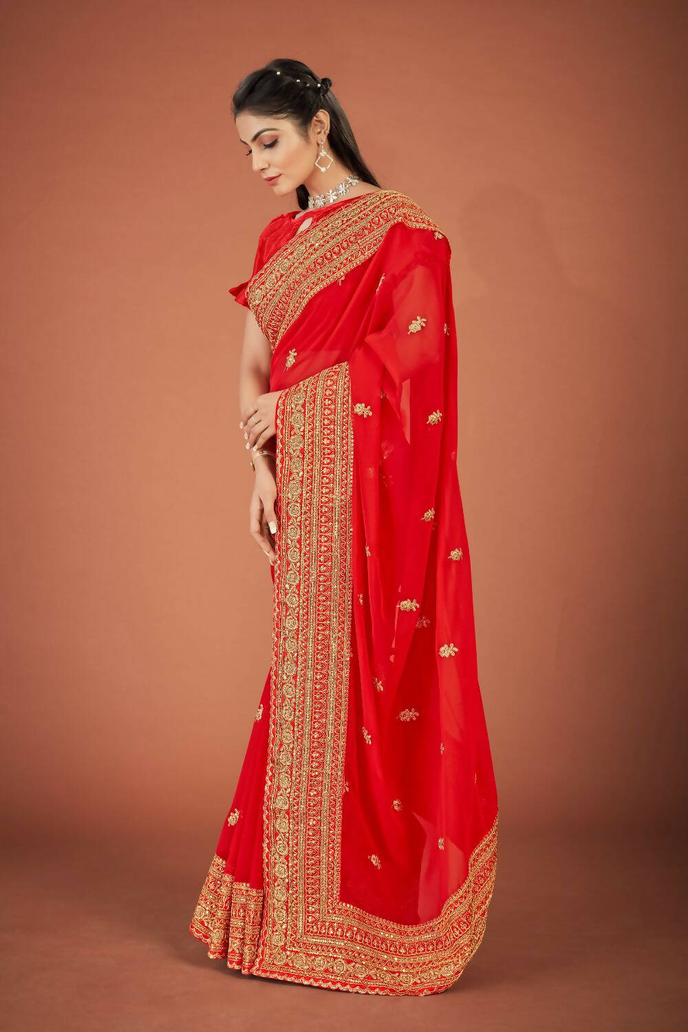 Vamsee Red Organza Saree | Grocsy