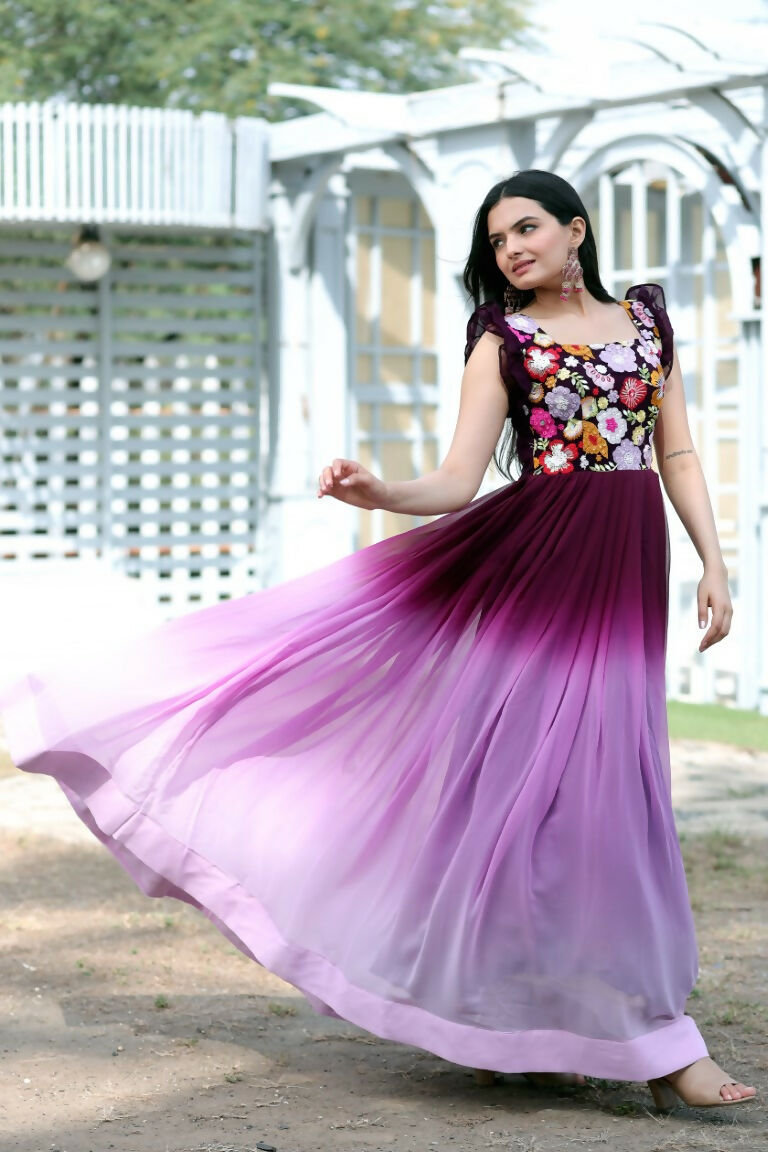 Jyoti Fashion Women's Wine Sequins Embroidery Faux Blooming Anarkali Dress | Grocsy
