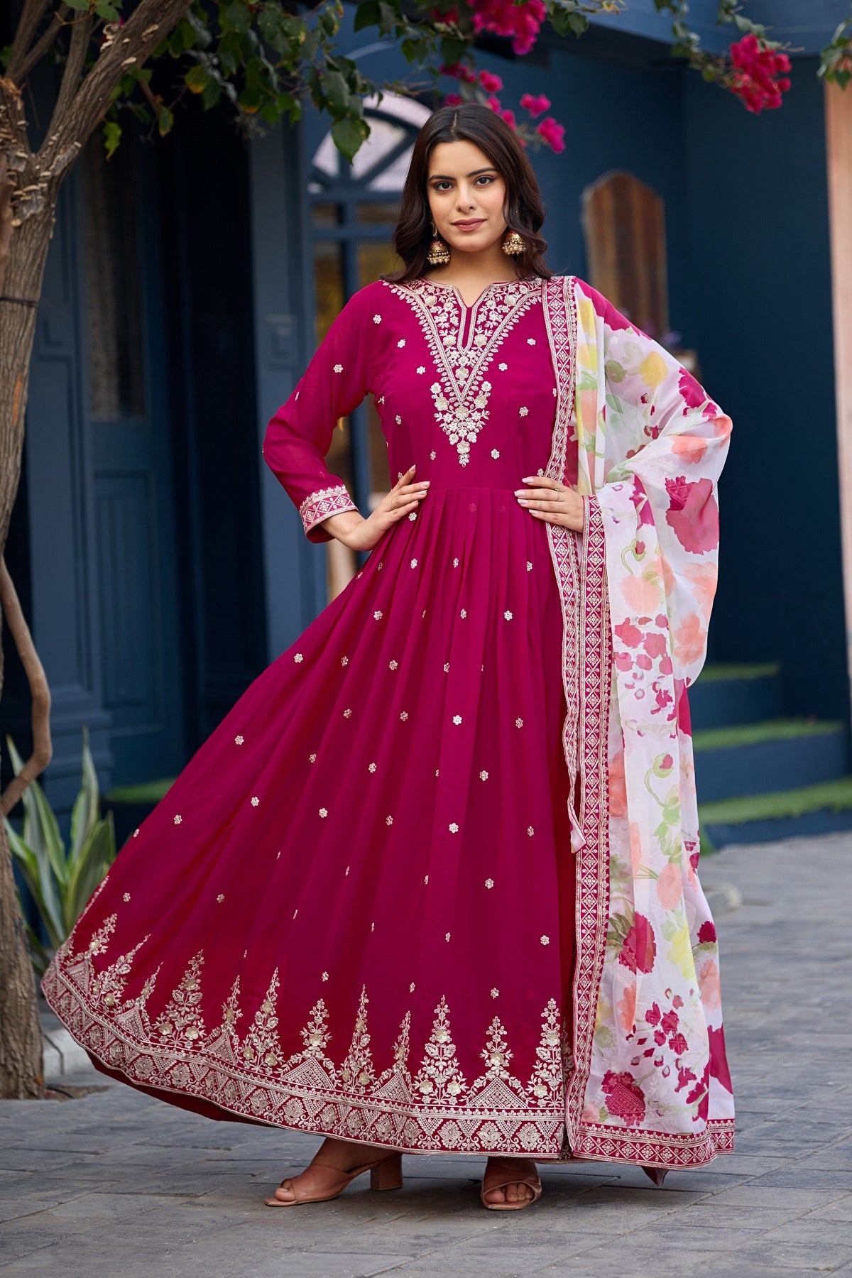 Anaita Pink Embroidered Georgette Stitched Anarkali Suit With Dupatta | Grocsy