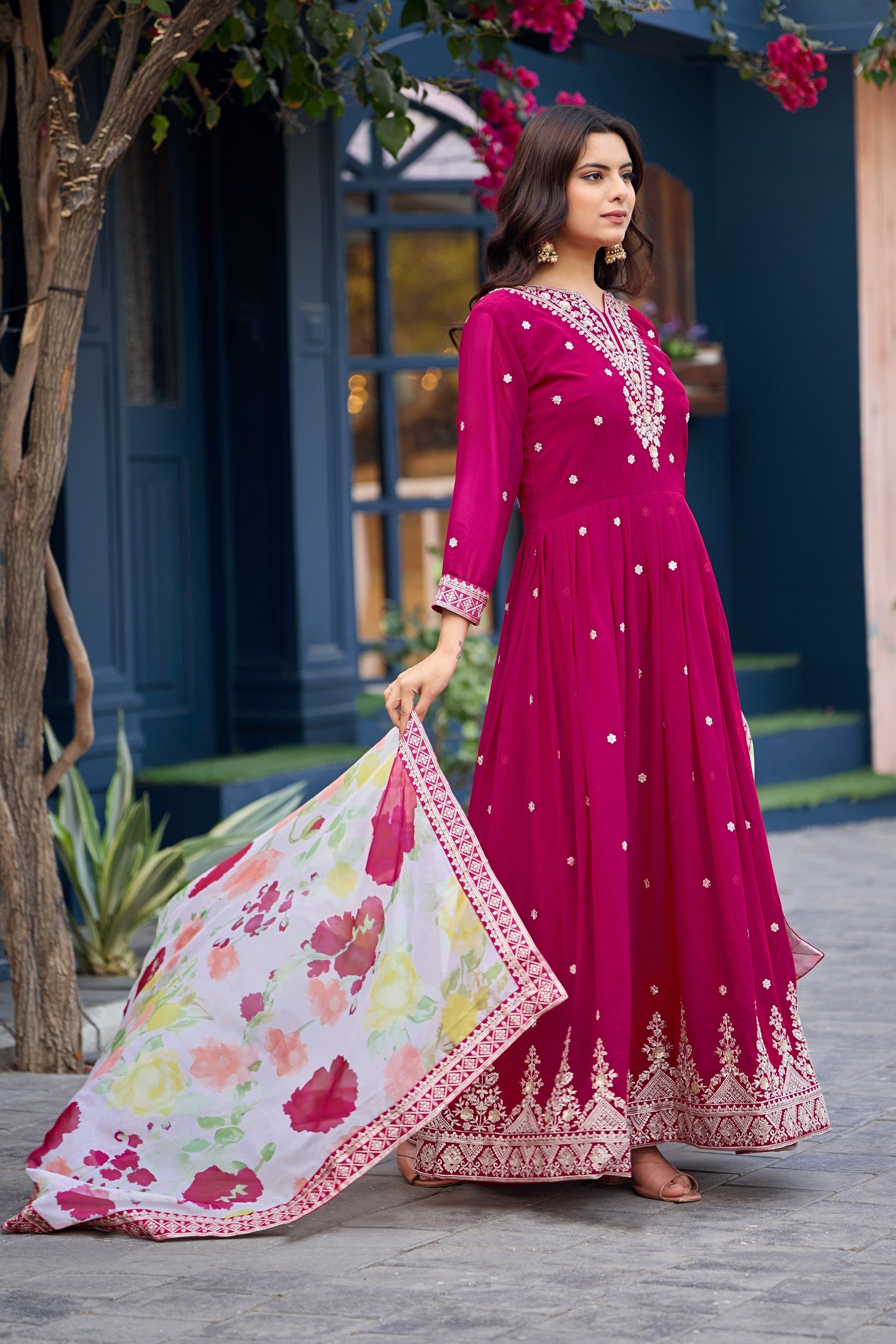 Anaita Pink Embroidered Georgette Stitched Anarkali Suit With Dupatta | Grocsy