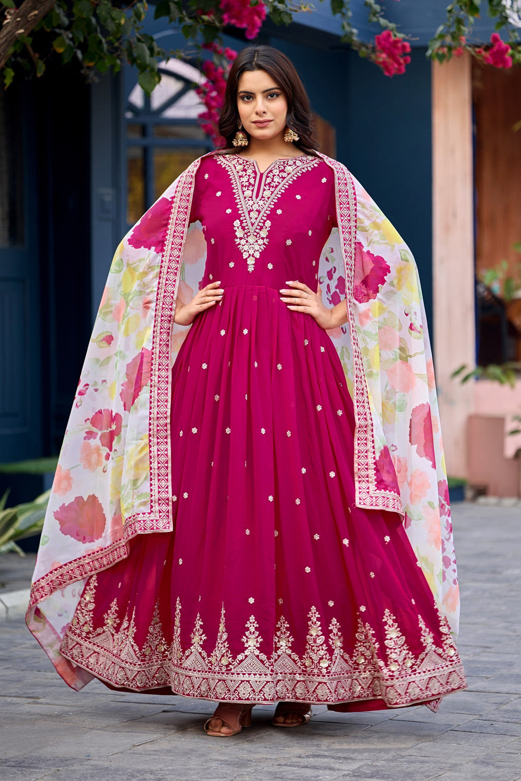 Anaita Pink Embroidered Georgette Stitched Anarkali Suit With Dupatta | Grocsy