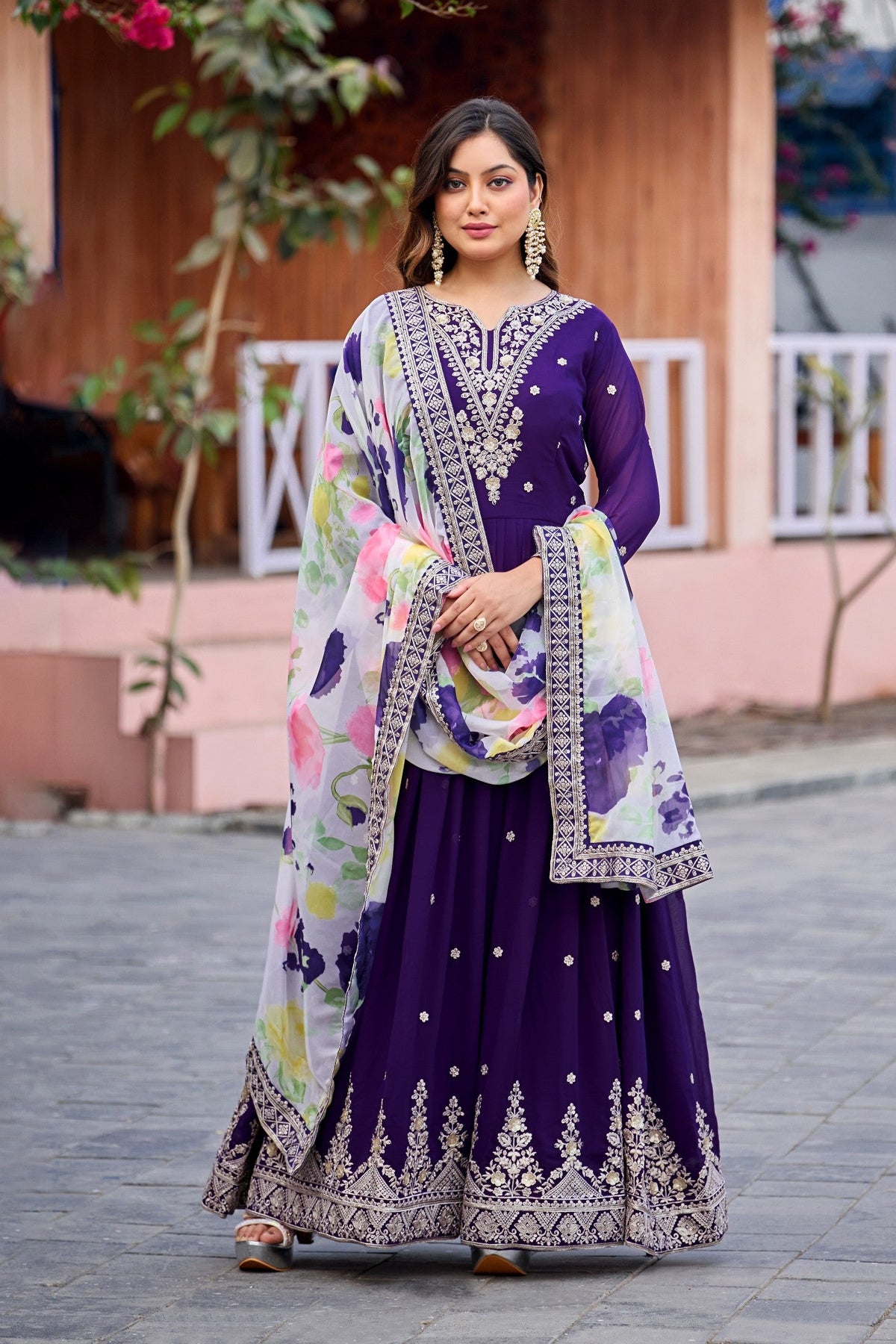 Anaita Purple Embroidered Georgette Stitched Anarkali Suit With Dupatta | Grocsy