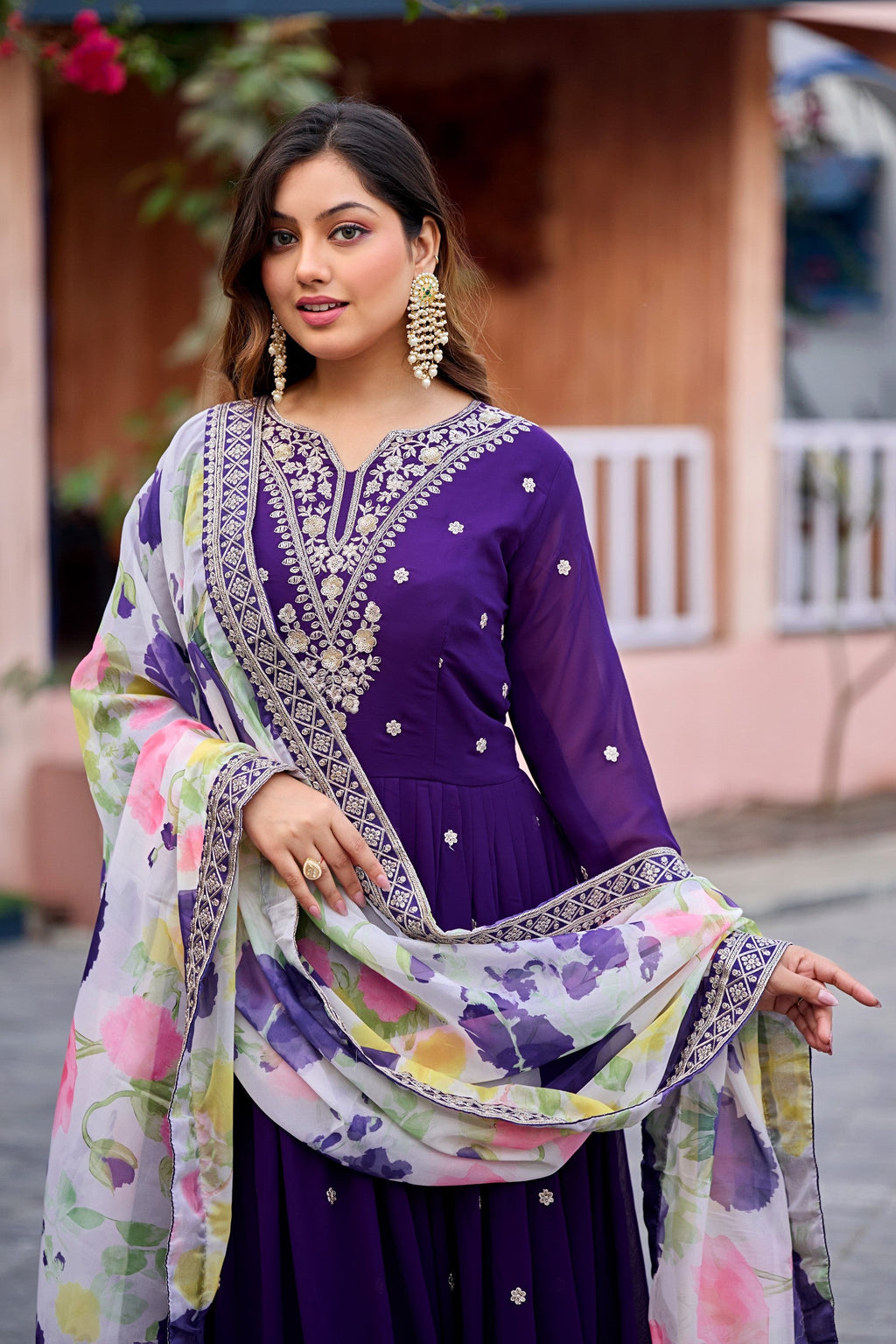 Anaita Purple Embroidered Georgette Stitched Anarkali Suit With Dupatta | Grocsy