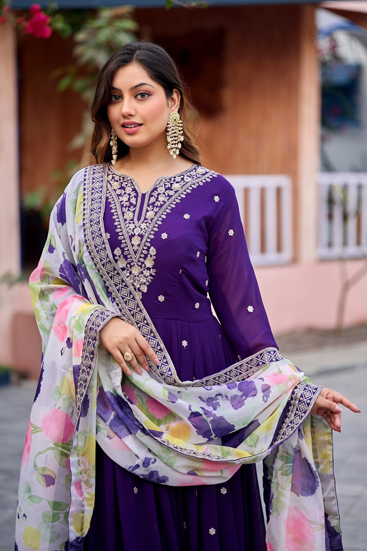 Anaita Purple Embroidered Georgette Stitched Anarkali Suit With Dupatta | Grocsy