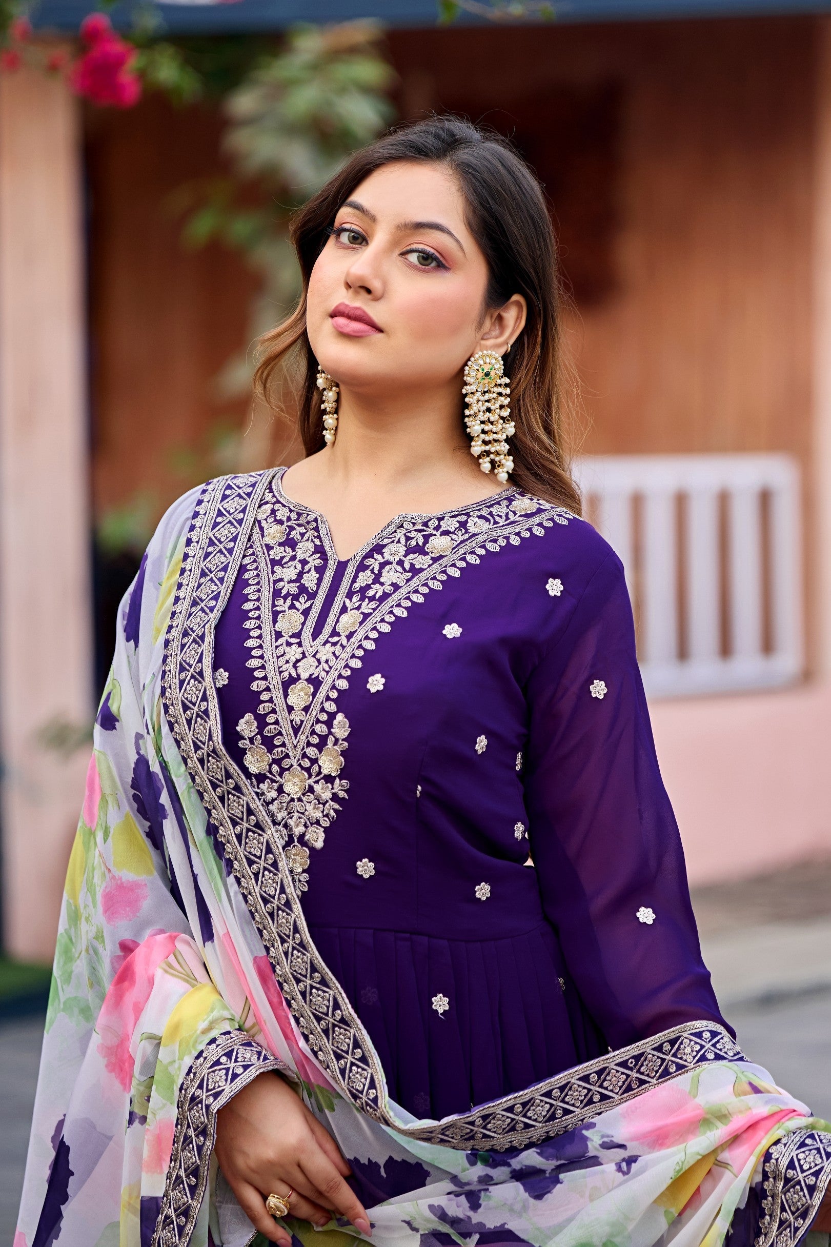 Anaita Purple Embroidered Georgette Stitched Anarkali Suit With Dupatta | Grocsy