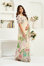 Vastranavya Cream Digital Printed Linen Ready To Wear Designer Saree with Unstitched Blouse | Grocsy