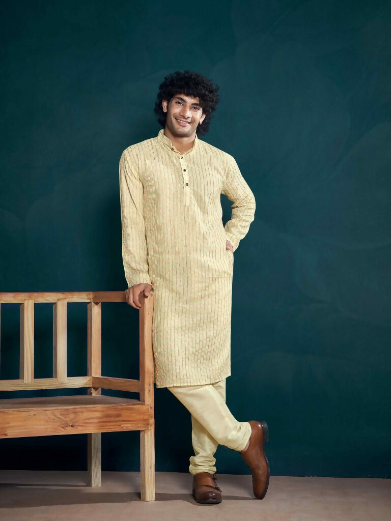 Off White Viscose Designer Sequance Embroidery Work Men's Kurta Set - Mahotsav | Grocsy