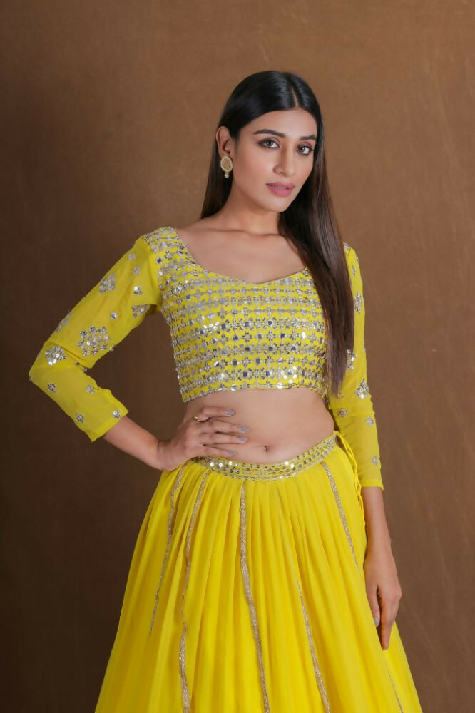 Yellow Georgette Zari Sequence Embroidery With Foil Mirror Work Lehenga Choli - Jihu Culture | Grocsy