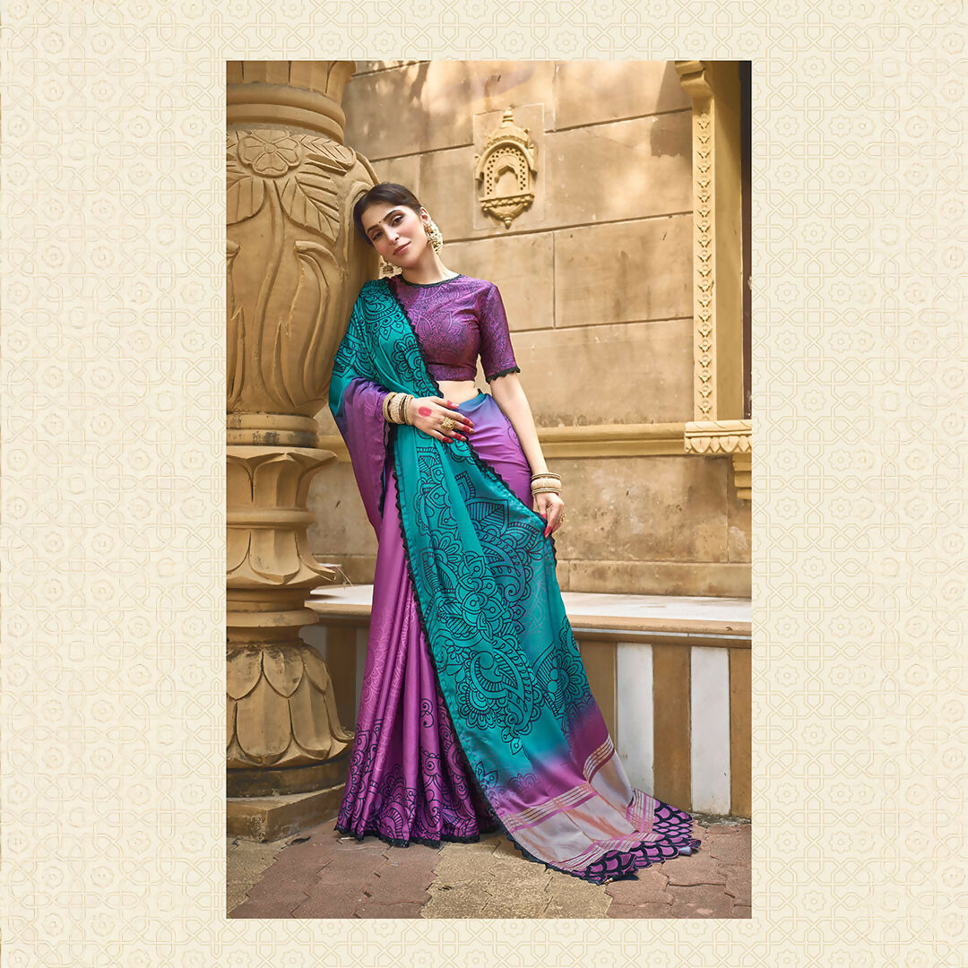 Purple & Blue Gajji Silk Pure Handwork Saree With Unstitched Blouse - Norita Gajri | Grocsy