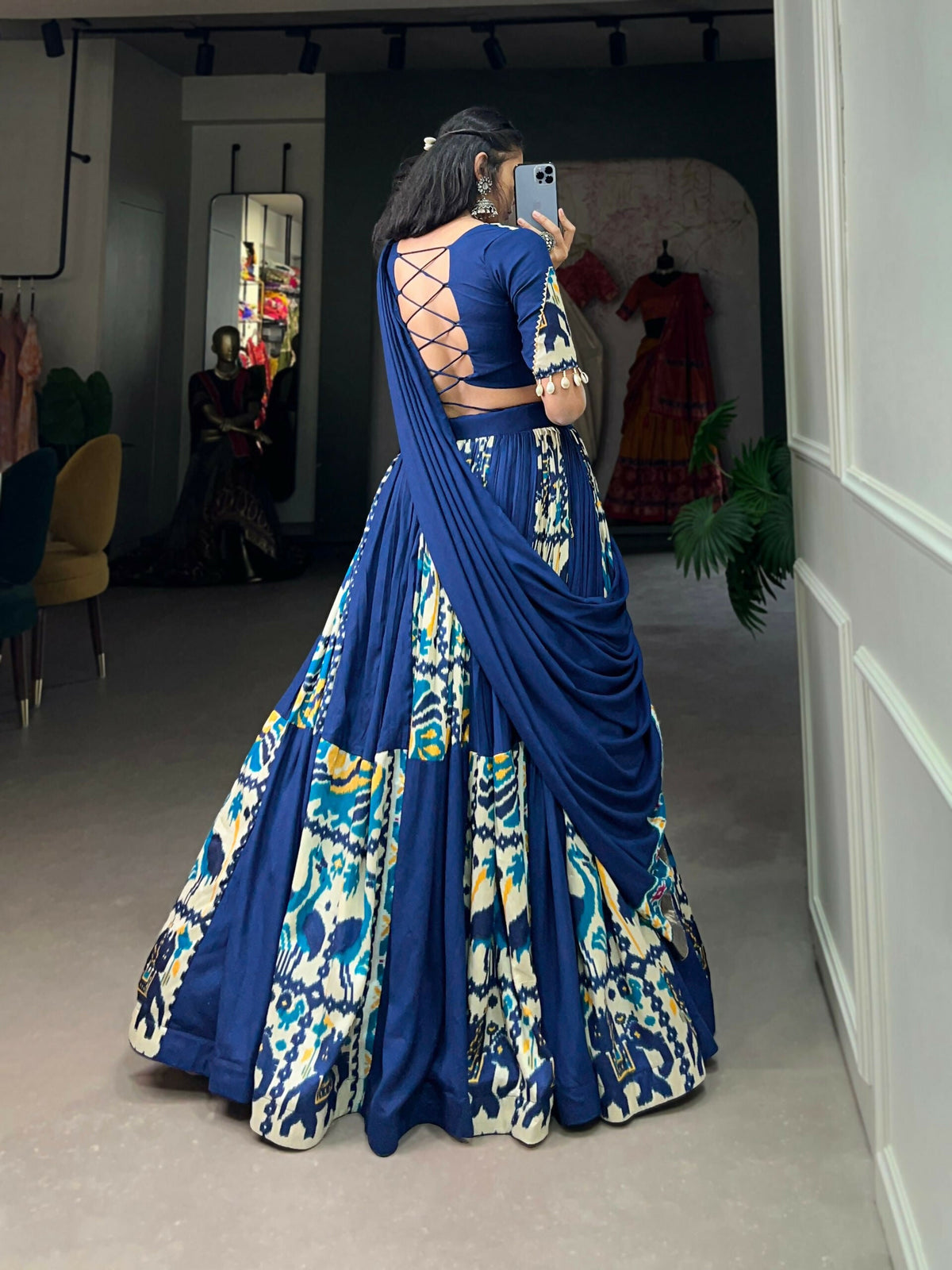 Vastranavya Navaratri Special Rayon with Printed Silk Lehenga with Stitched Choli - Firozi | Grocsy