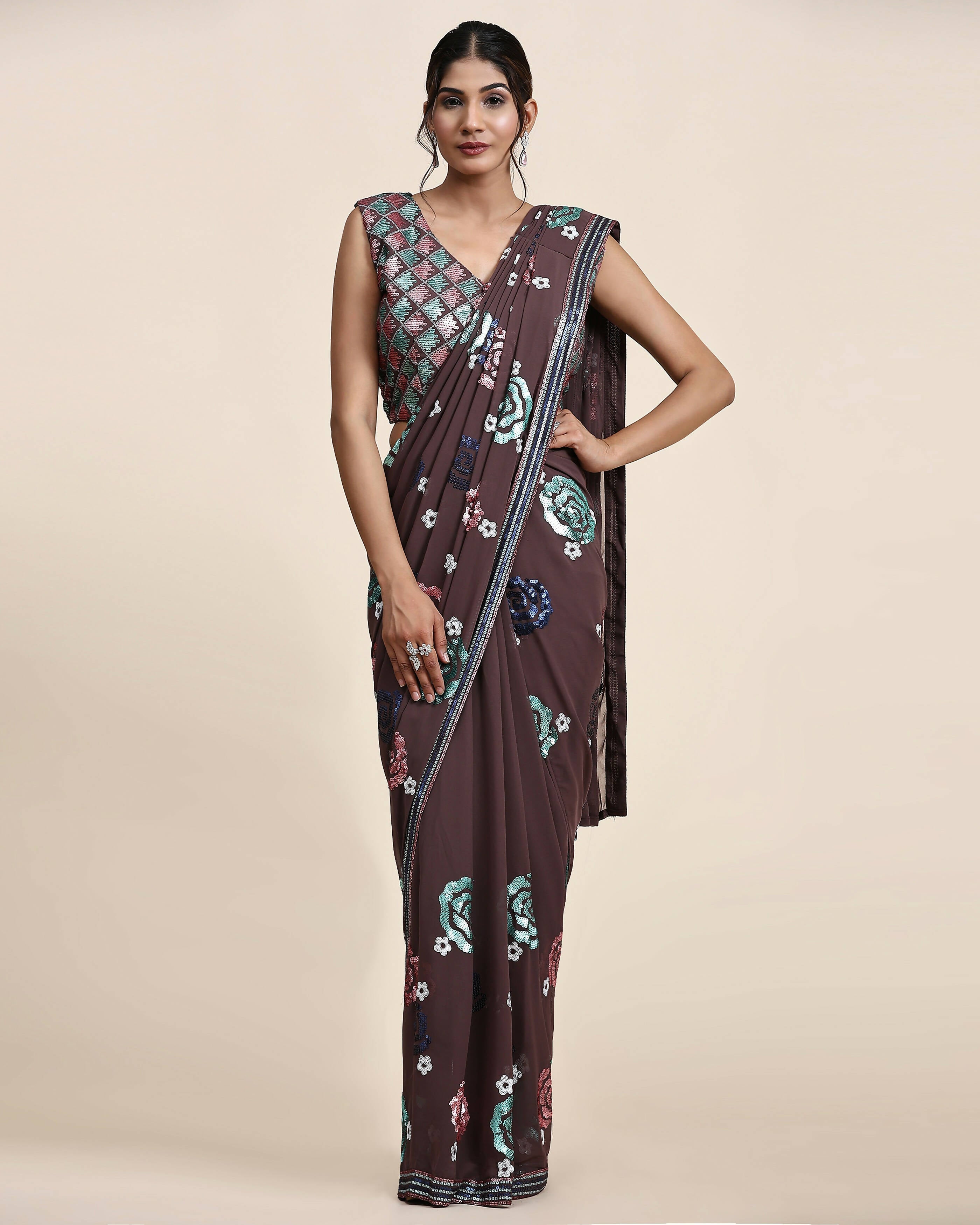 Brown Pure Georgette Sequence work Ready to wear Saree with stitched Blouse - Nirvana | Grocsy