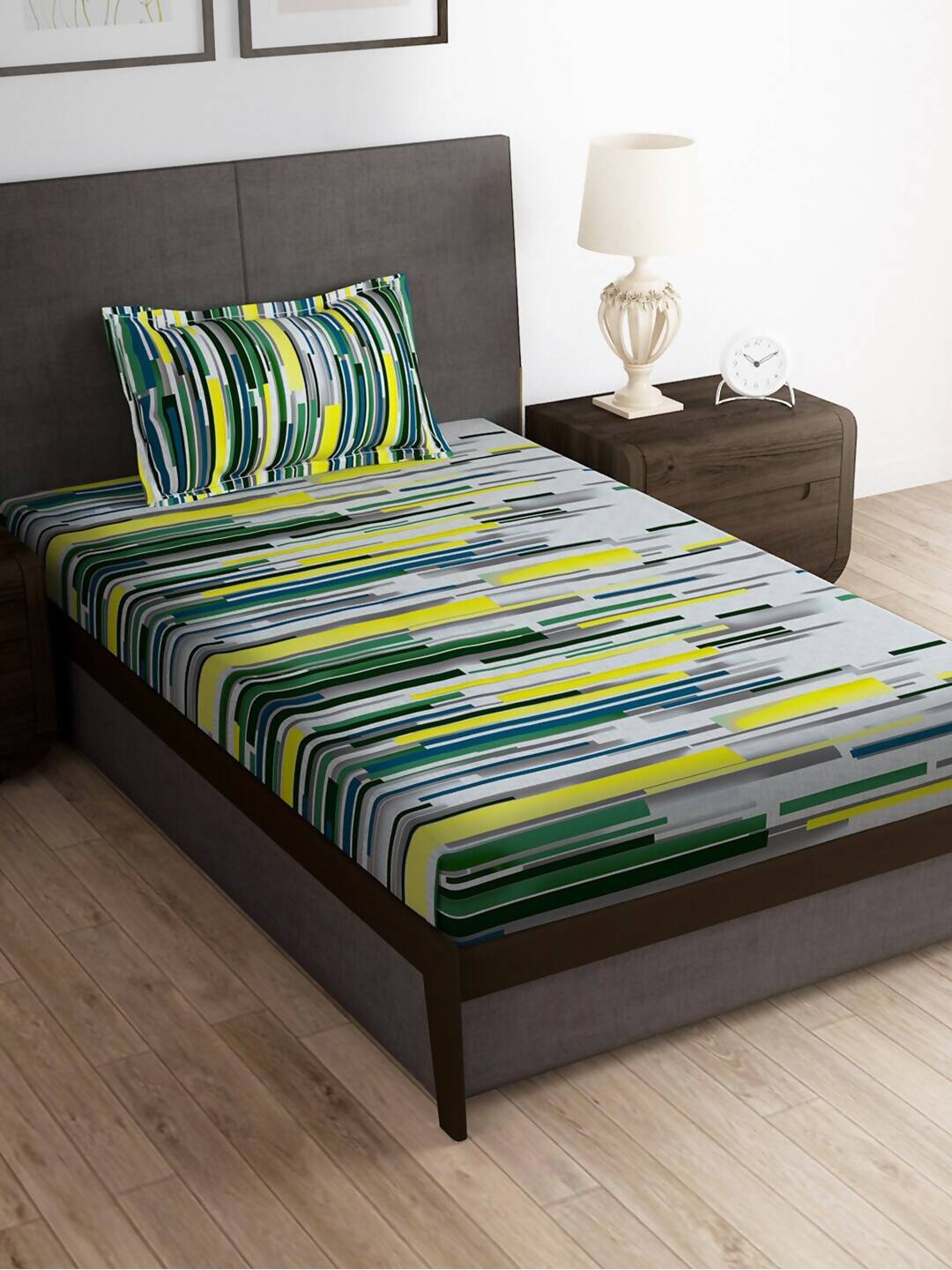 Story@home Arena White & Grey Printed 180 TC Bedsheet & Pillow Covers | Grocsy