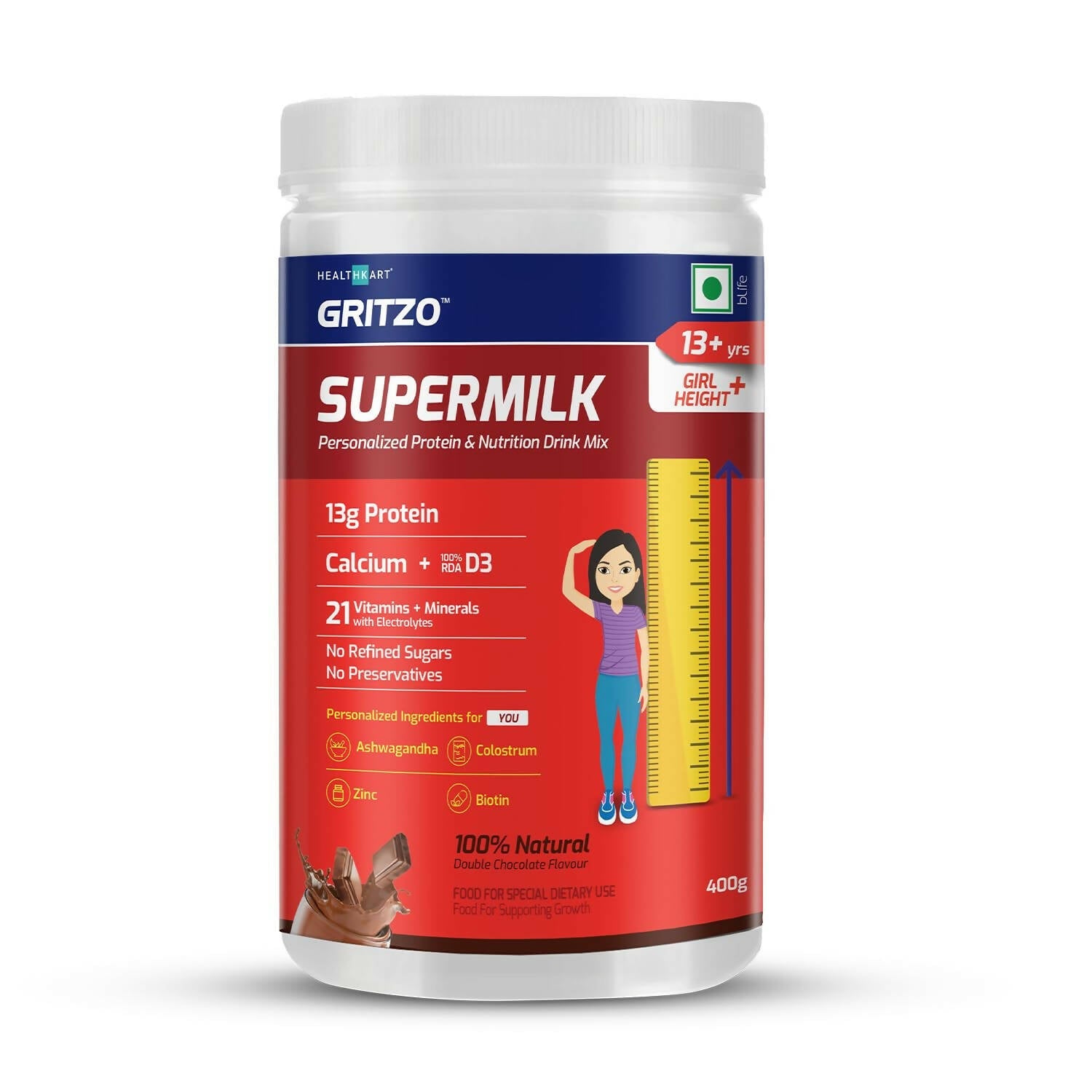 Gritzo Supermilk Height+ Health Drink For 13+Y Girls - Double Chocolate | Grocsy
