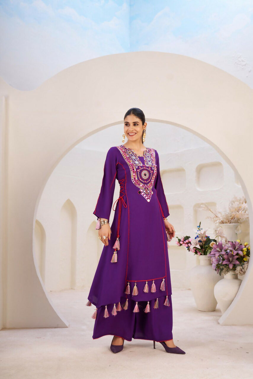 The52 Women's Gorgeous Rayon Fabric Thread Work Straight Kurta Palazzo Set | Grocsy