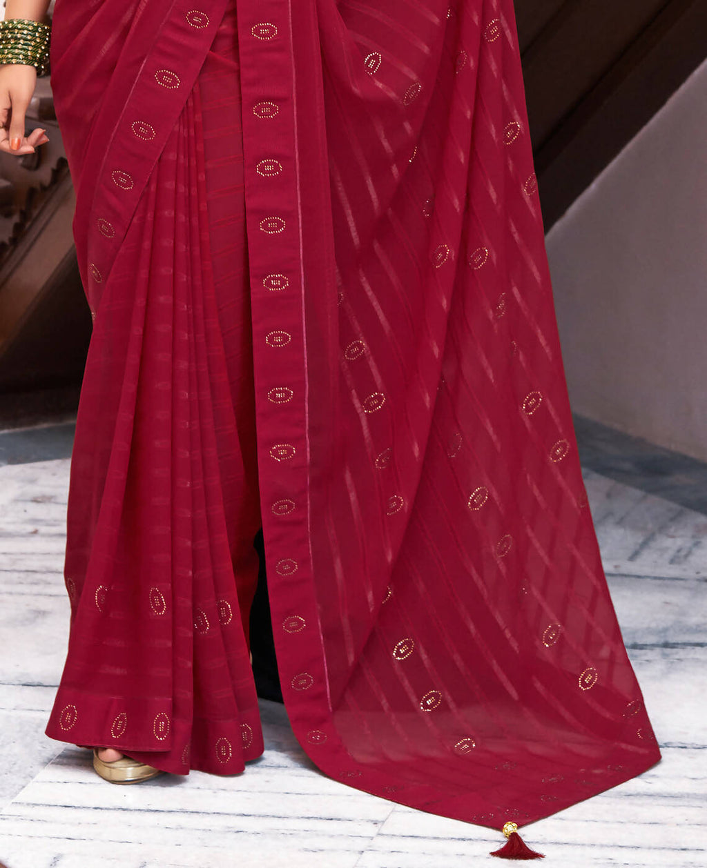 Maroon Georgette Swaroski Work Saree With Unstitched Blouse Piece - Juhi | Grocsy