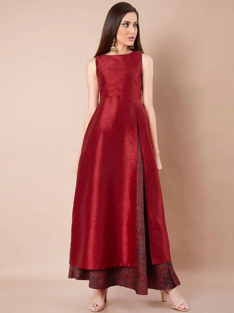 Indya Women Maroon Solid A-Line Kurta | Grocsy