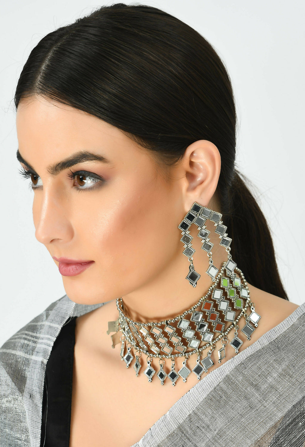 Mominos Fashion Johar Kamal Oxidised Silver-Plated Alloy Finish Mirror Choker For Women | Grocsy
