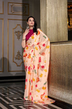 Vastranavya Cream Satin Silk Printed Saree with Hotfix Work Unstitched Blouse | Grocsy