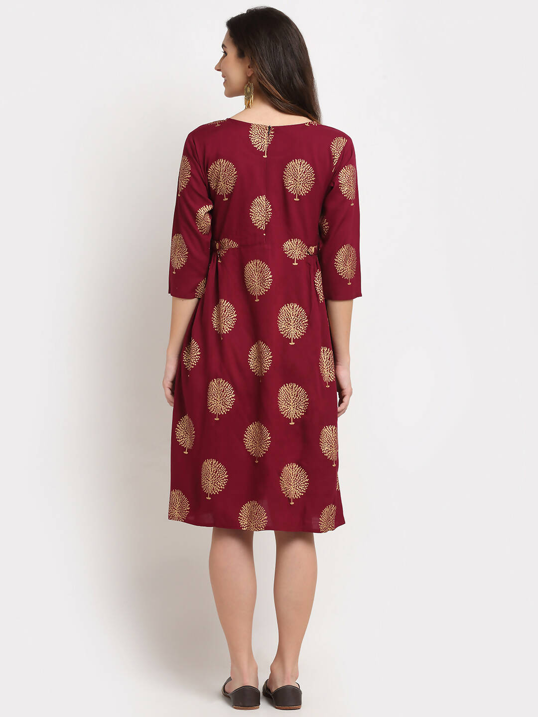 Rudra Bazaar Gold Boota Printed Wine Kurti | Grocsy