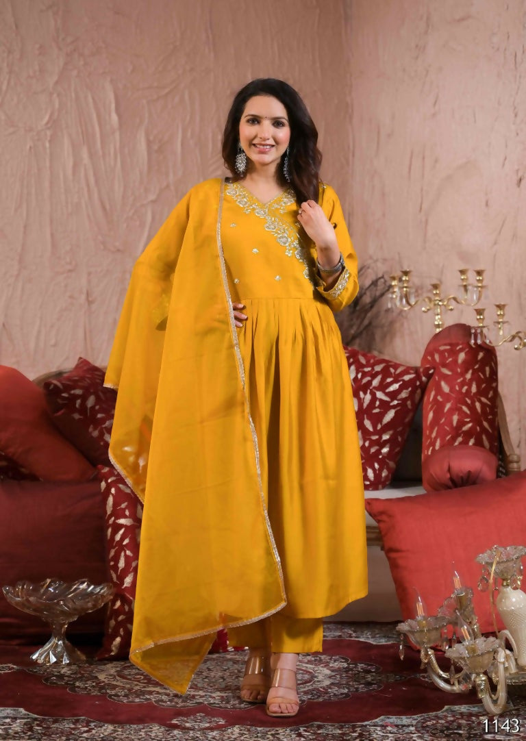 Ethnic Festive Wear Viscose Chanderi Yellow Stitched Suit With Dupatta - Tanisha | Grocsy