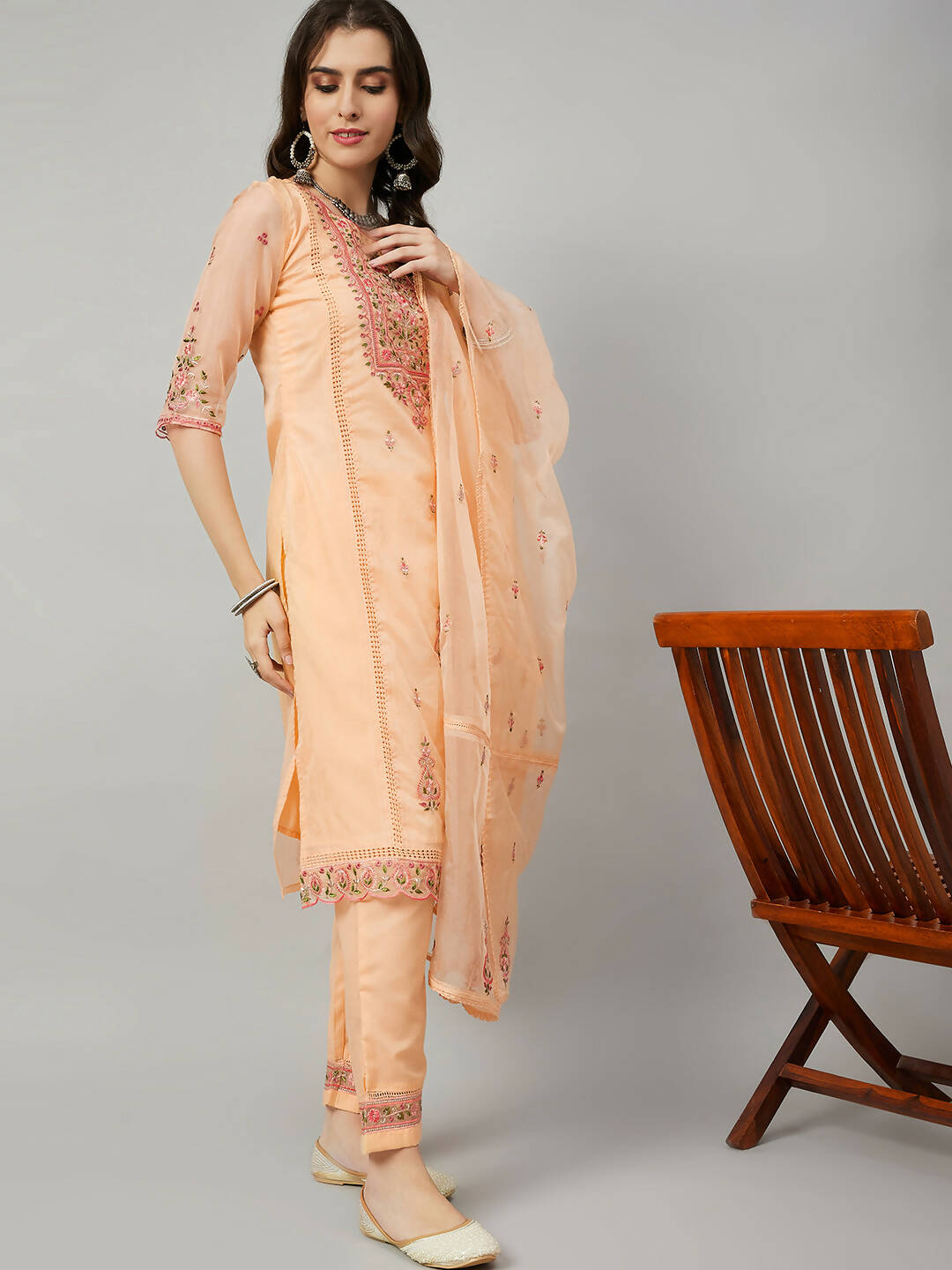 Orange Organza Embroidered Kurta with Bottom & Dupatta - Salimar | Grocsy