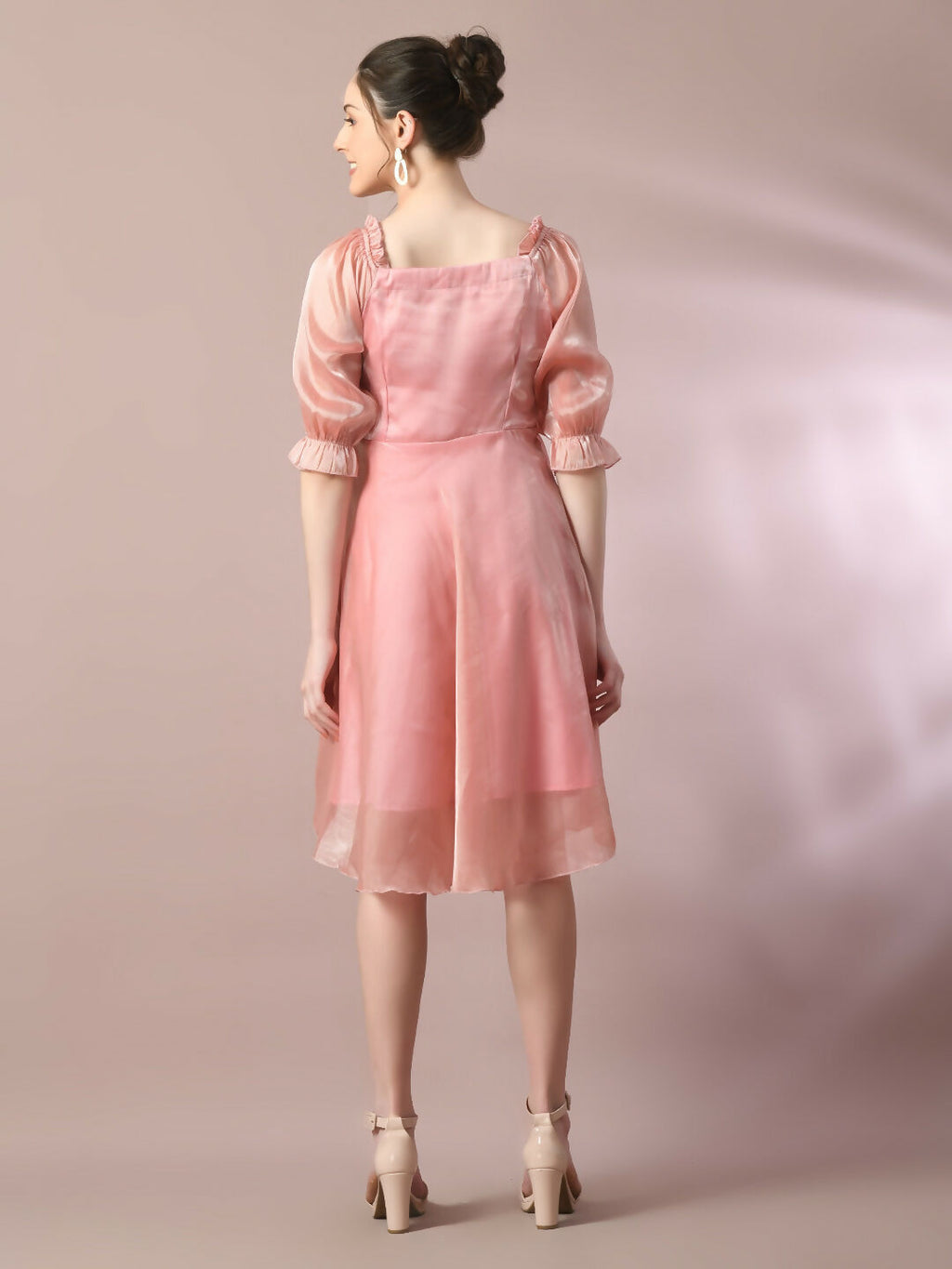Myshka Women's Pink Solid Square Neck Fit and Flare Party Dress | Grocsy