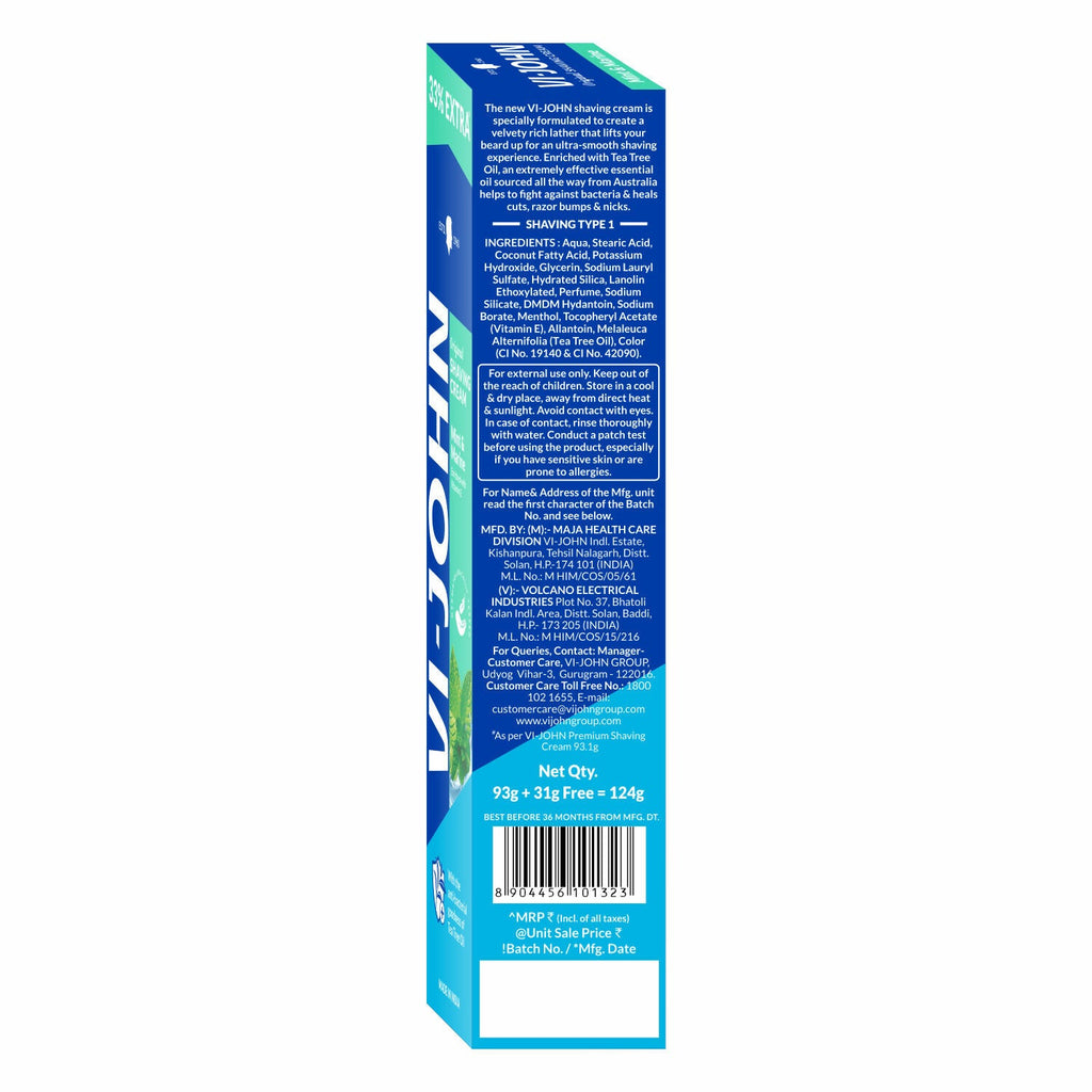 VI-JOHN Dermatologically Tested Vitamin-E enriched Anti Bacterial Mint & Marine Shaving Cream | Grocsy