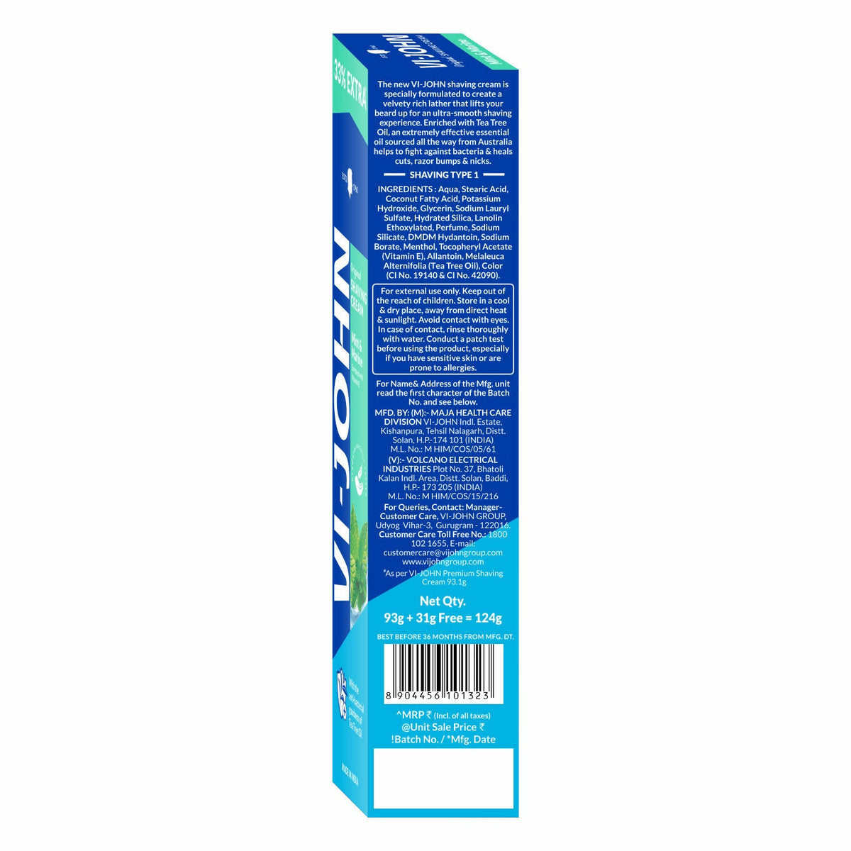 VI-JOHN Dermatologically Tested Vitamin-E enriched Anti Bacterial Mint & Marine Shaving Cream | Grocsy
