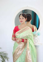Pista Woven Jacquard Designer Embroidery Work Party Wear Saree - Parampara | Grocsy