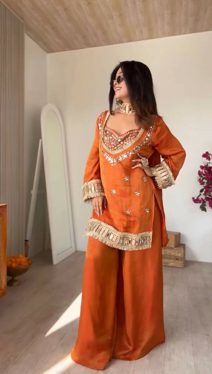 Teeya Creation New Trendy Stylish Real Mirror Work With Lace Border Orange Kurta Set | Grocsy