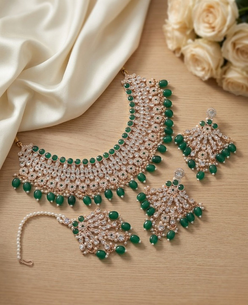 Jewel City Green Kundan Choker Necklace Set with Earrings & Maang Tikka | Indian Bridal Wedding & Bollywood Festival Jewelry | Grocsy