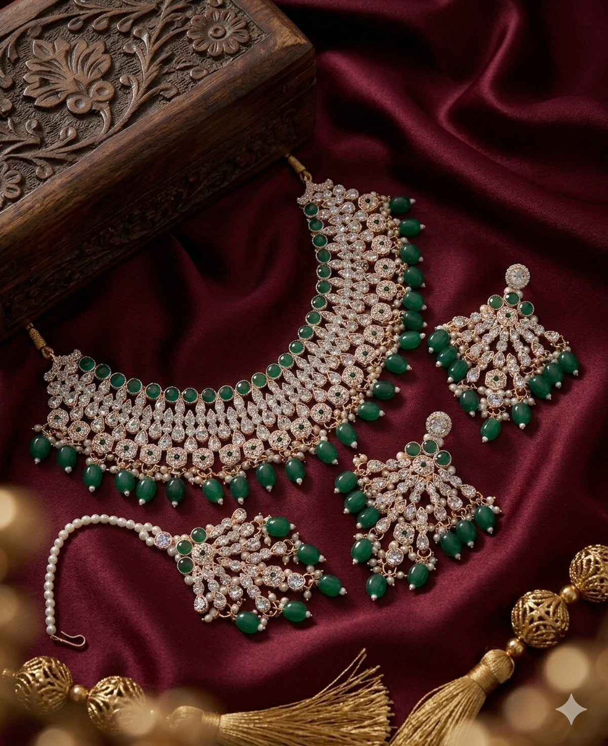 Jewel City Green Kundan Choker Necklace Set with Earrings & Maang Tikka | Indian Bridal Wedding & Bollywood Festival Jewelry | Grocsy
