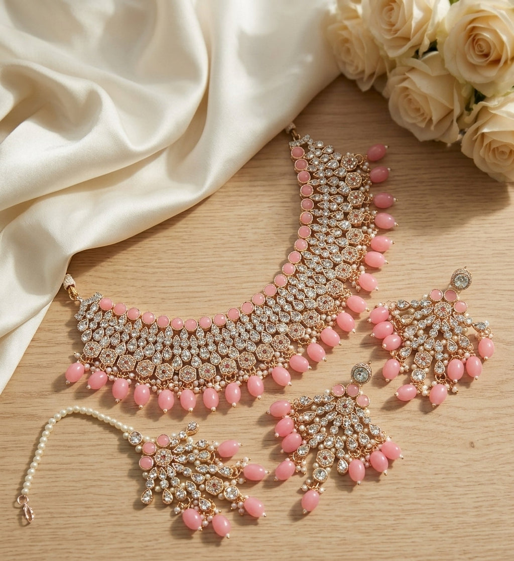 Jewel City Kundan Choker Necklace Set with Earrings & Maang Tikka | Indian Bridal Wedding & Bollywood Festival Jewelry | Grocsy