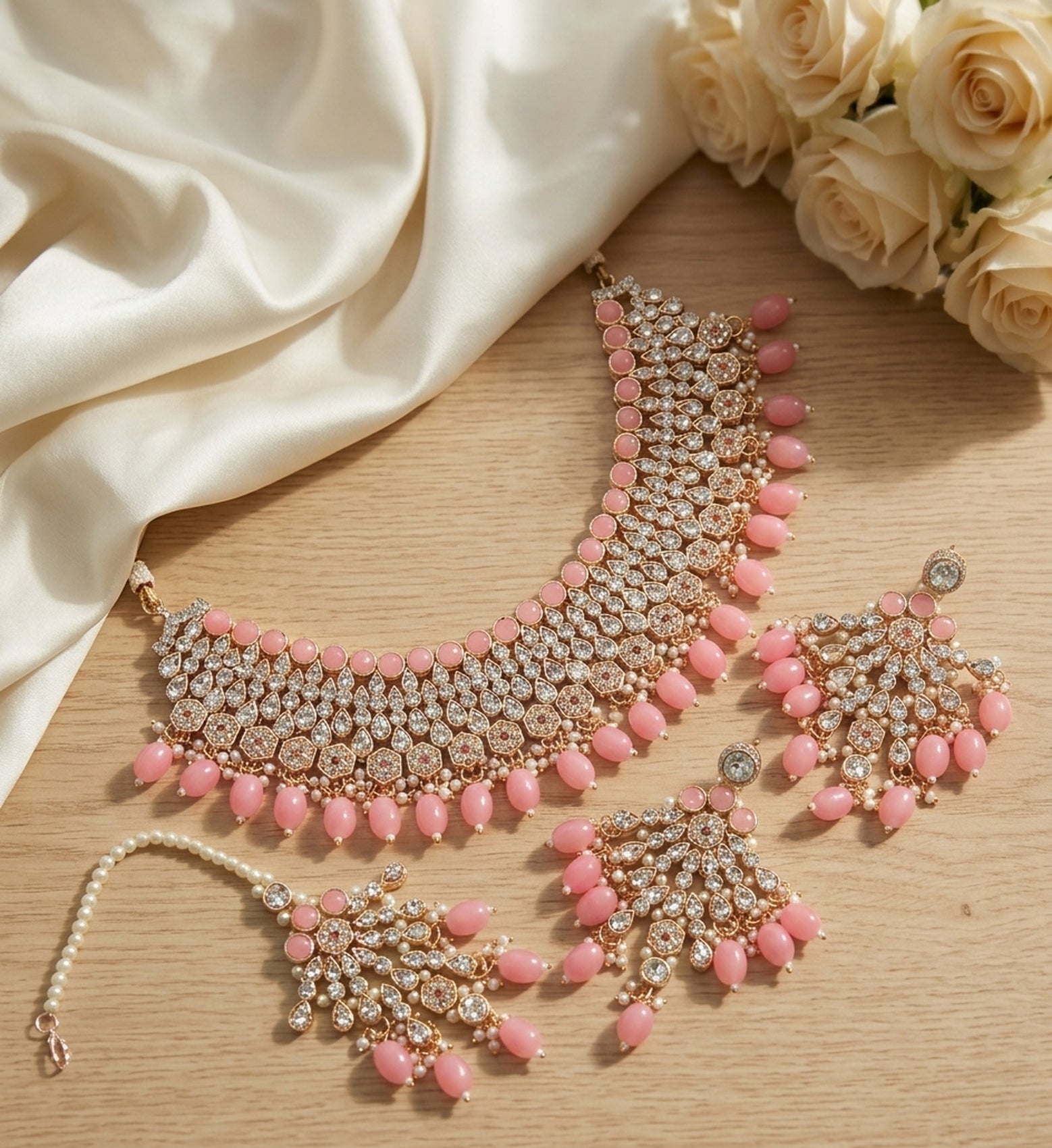 Jewel City Kundan Choker Necklace Set with Earrings & Maang Tikka | Indian Bridal Wedding & Bollywood Festival Jewelry | Grocsy