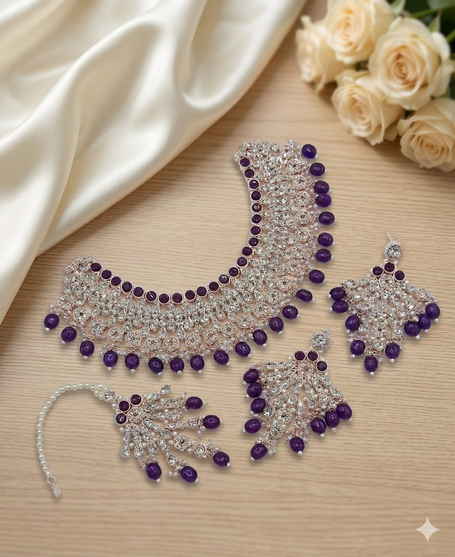 Jewel City Purple Kundan Choker Necklace Set with Earrings & Maang Tikka | Indian Bridal Wedding & Bollywood Festival Jewelry | Grocsy