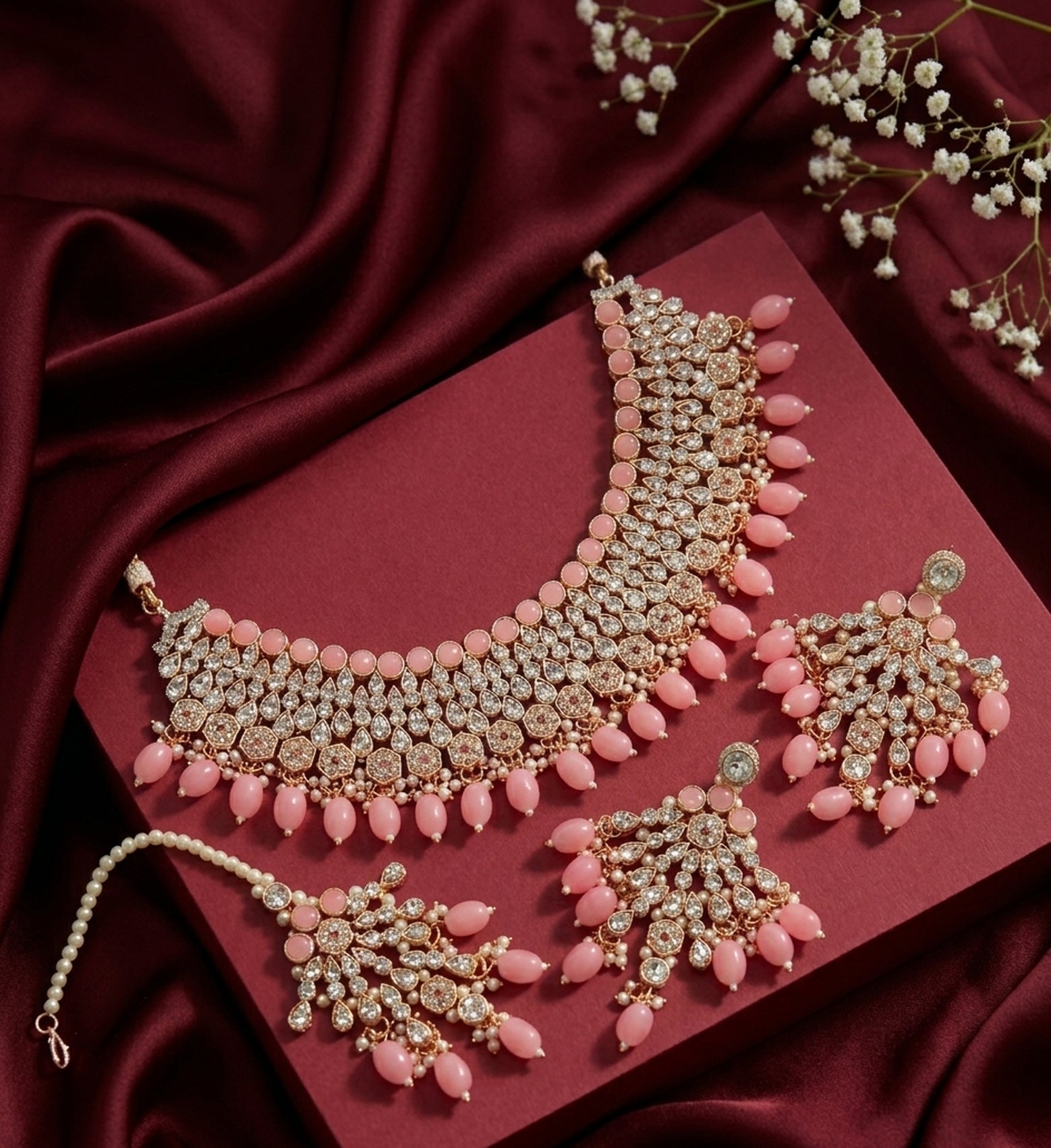 Jewel City Kundan Choker Necklace Set with Earrings & Maang Tikka | Indian Bridal Wedding & Bollywood Festival Jewelry | Grocsy
