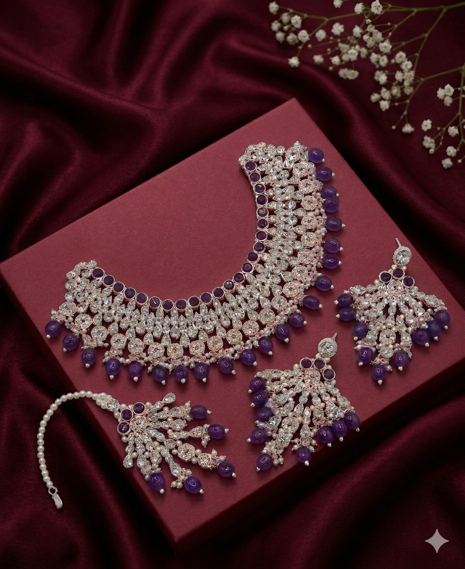 Jewel City Purple Kundan Choker Necklace Set with Earrings & Maang Tikka | Indian Bridal Wedding & Bollywood Festival Jewelry | Grocsy