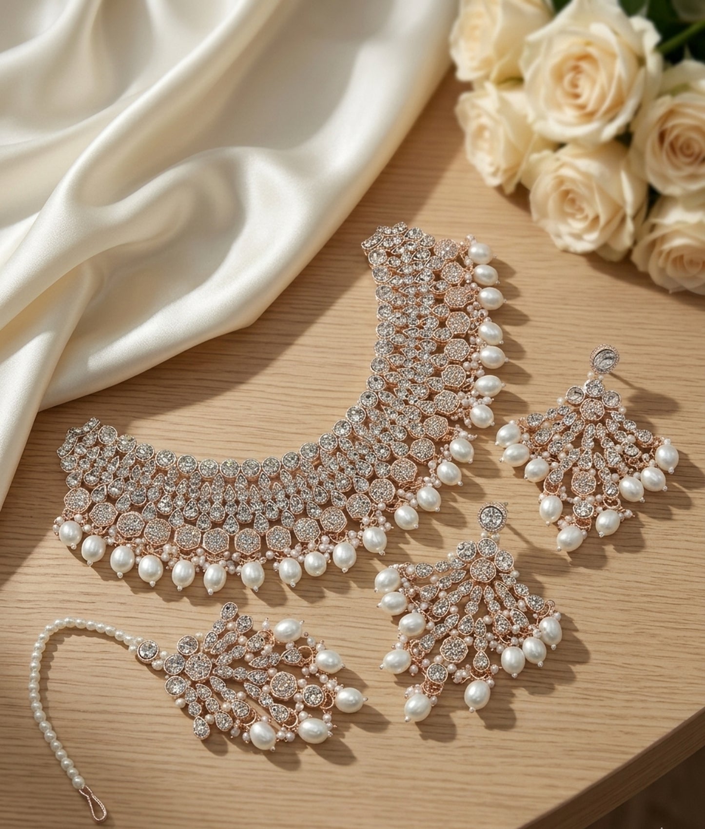 Jewel City Kundan Choker Necklace Set with Earrings & Maang Tikka | Indian Bridal Wedding & Bollywood Festival Jewelry | Grocsy