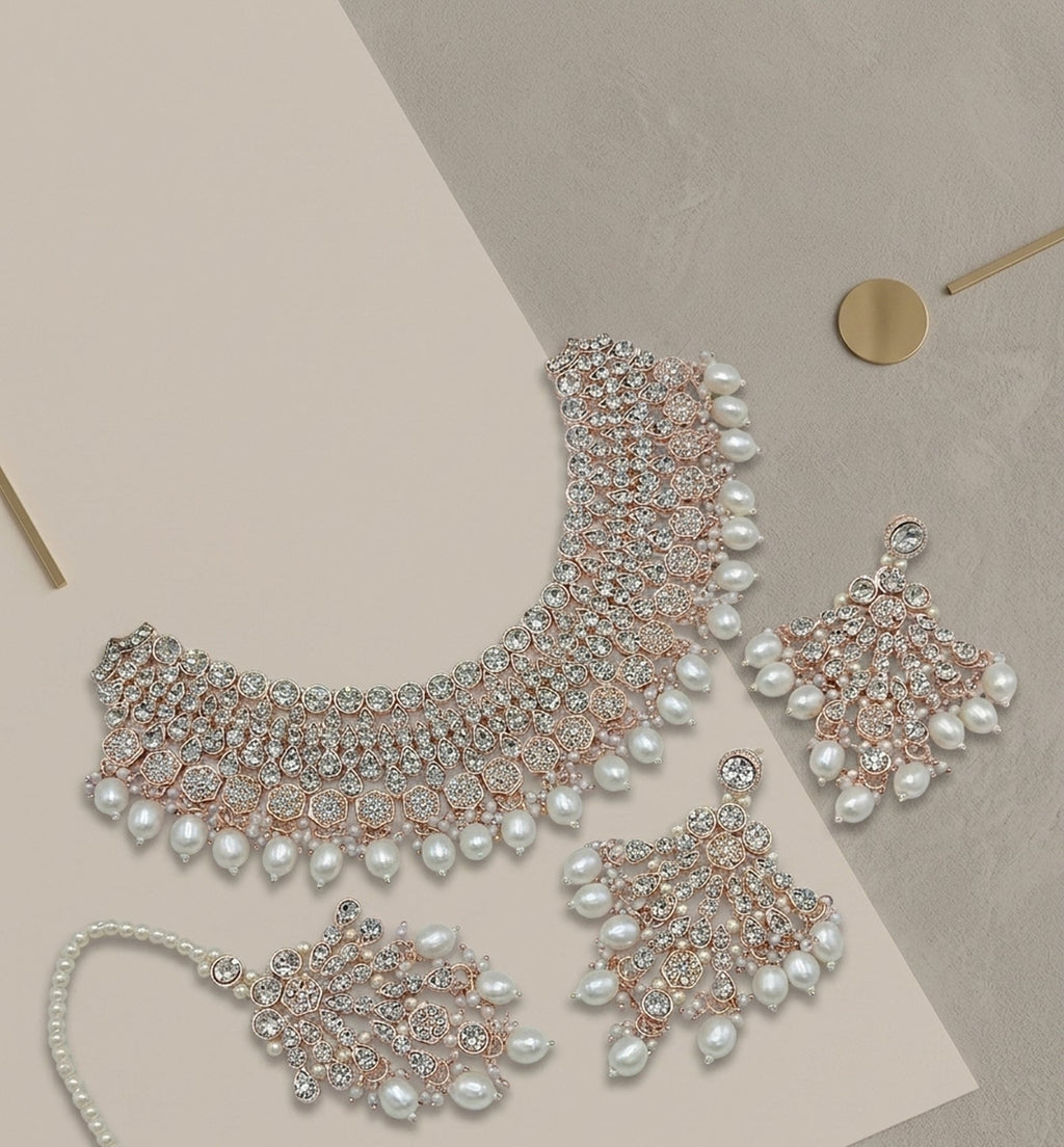 Jewel City Kundan Choker Necklace Set with Earrings & Maang Tikka | Indian Bridal Wedding & Bollywood Festival Jewelry | Grocsy