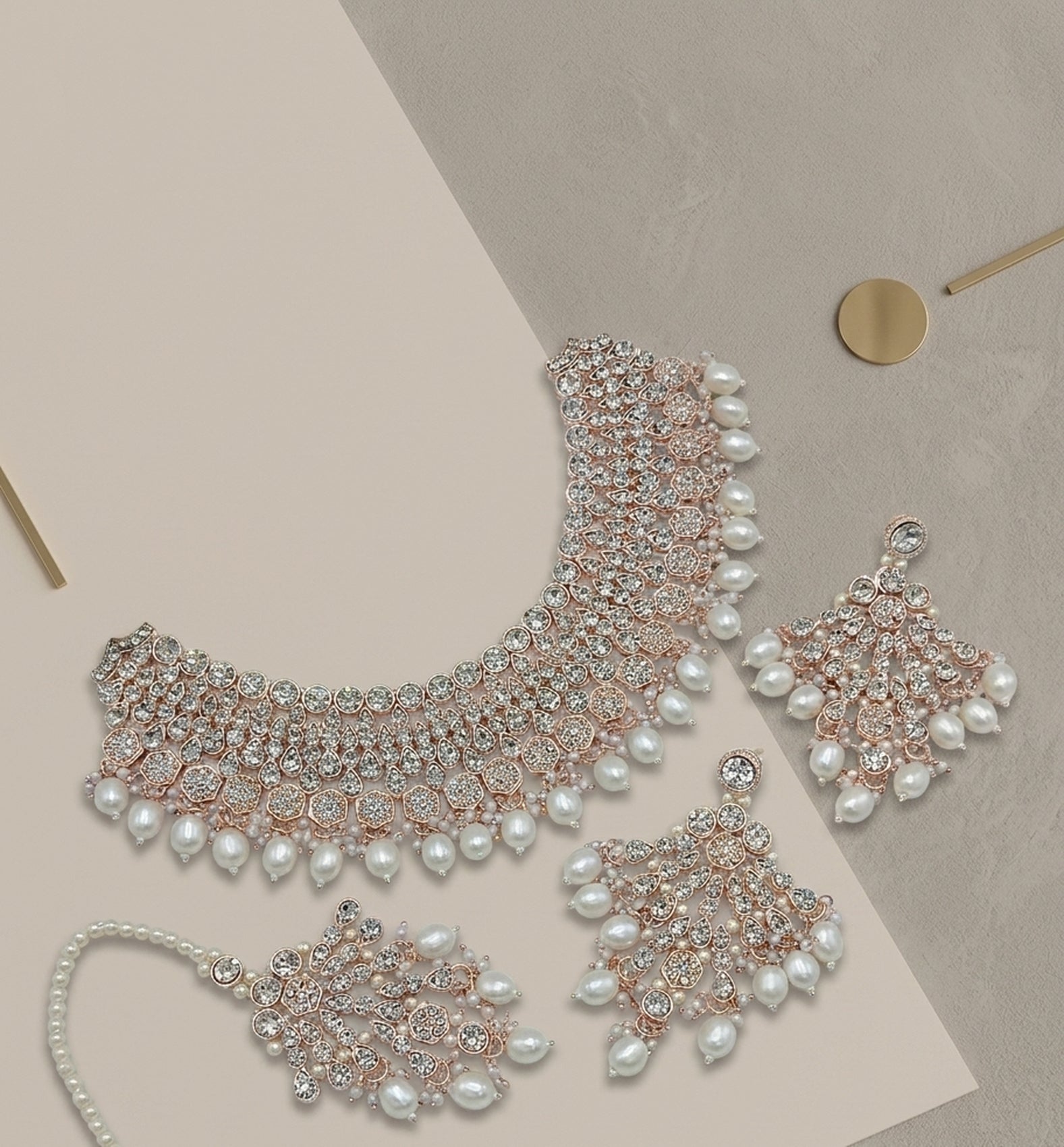 Jewel City Kundan Choker Necklace Set with Earrings & Maang Tikka | Indian Bridal Wedding & Bollywood Festival Jewelry | Grocsy