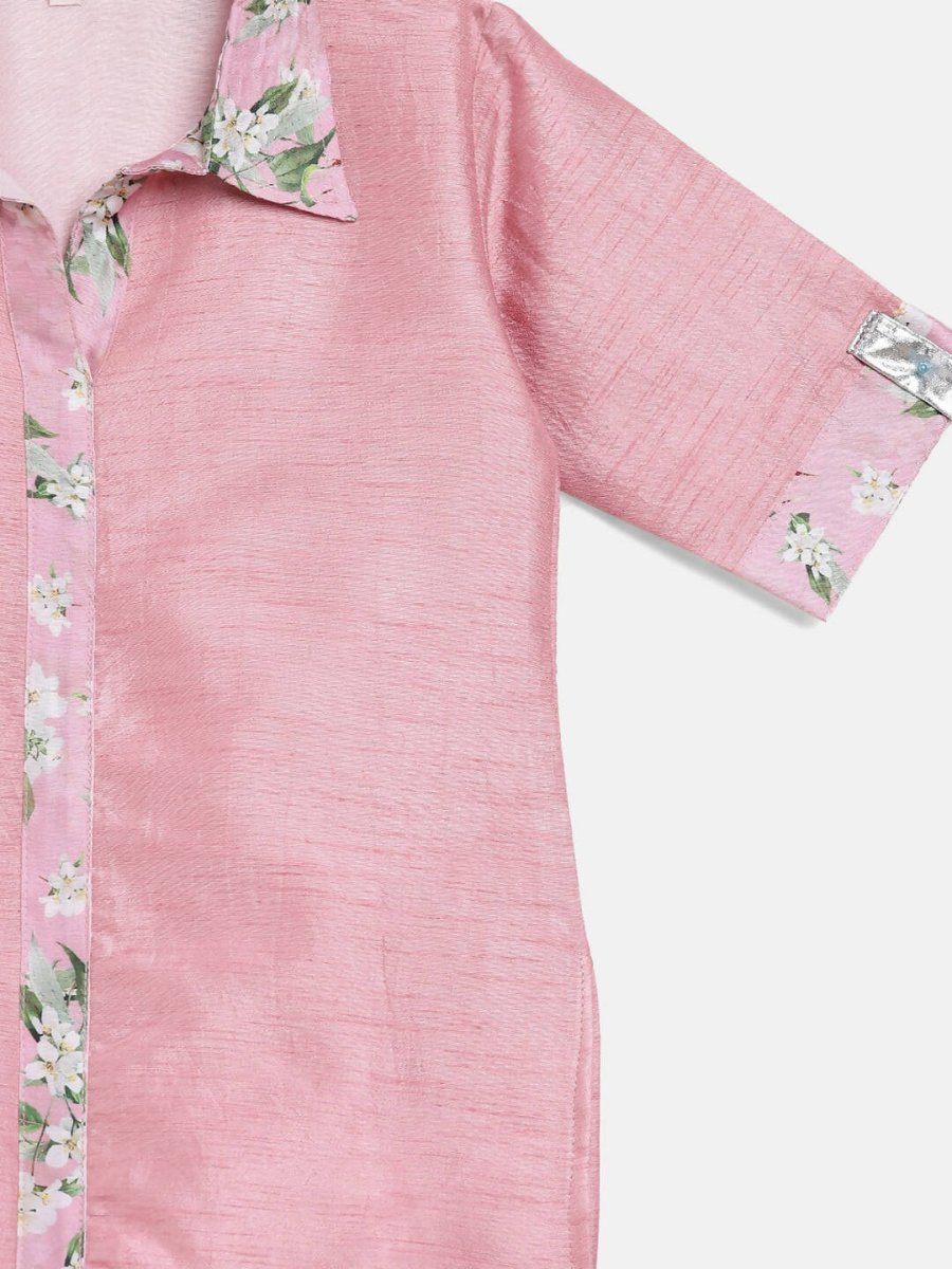 Ahalyaa Pink Poly Silk Solid Kids Kurta with Printed Pant Set For Girls | Grocsy
