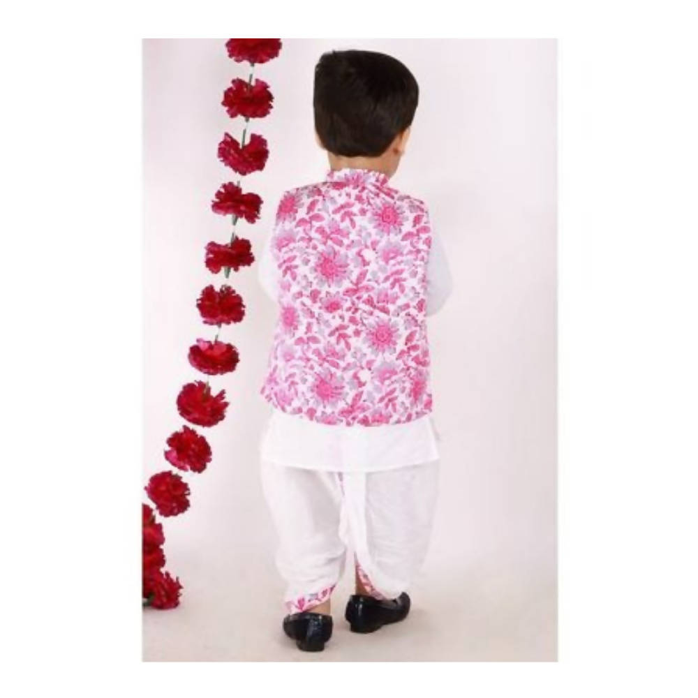 Little Bansi Boys Pink and White Color Bengali Kantha work floral Jacket with Kurta and Dhoti | Grocsy