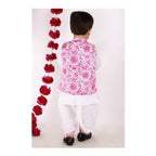 Little Bansi Boys Pink and White Color Bengali Kantha work floral Jacket with Kurta and Dhoti | Grocsy