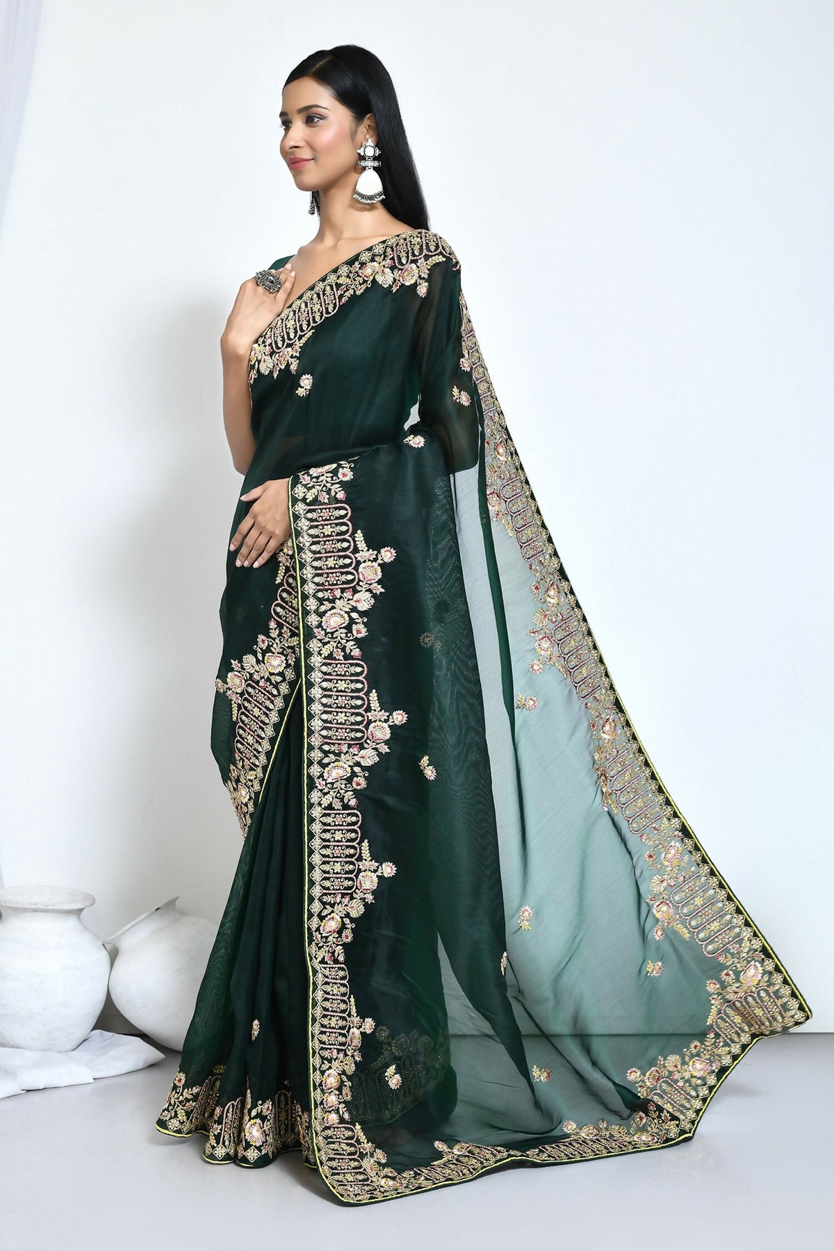 Green Organza Silk Embroidered With Stone Work Festive Saree - Nimaya Denzy | Grocsy