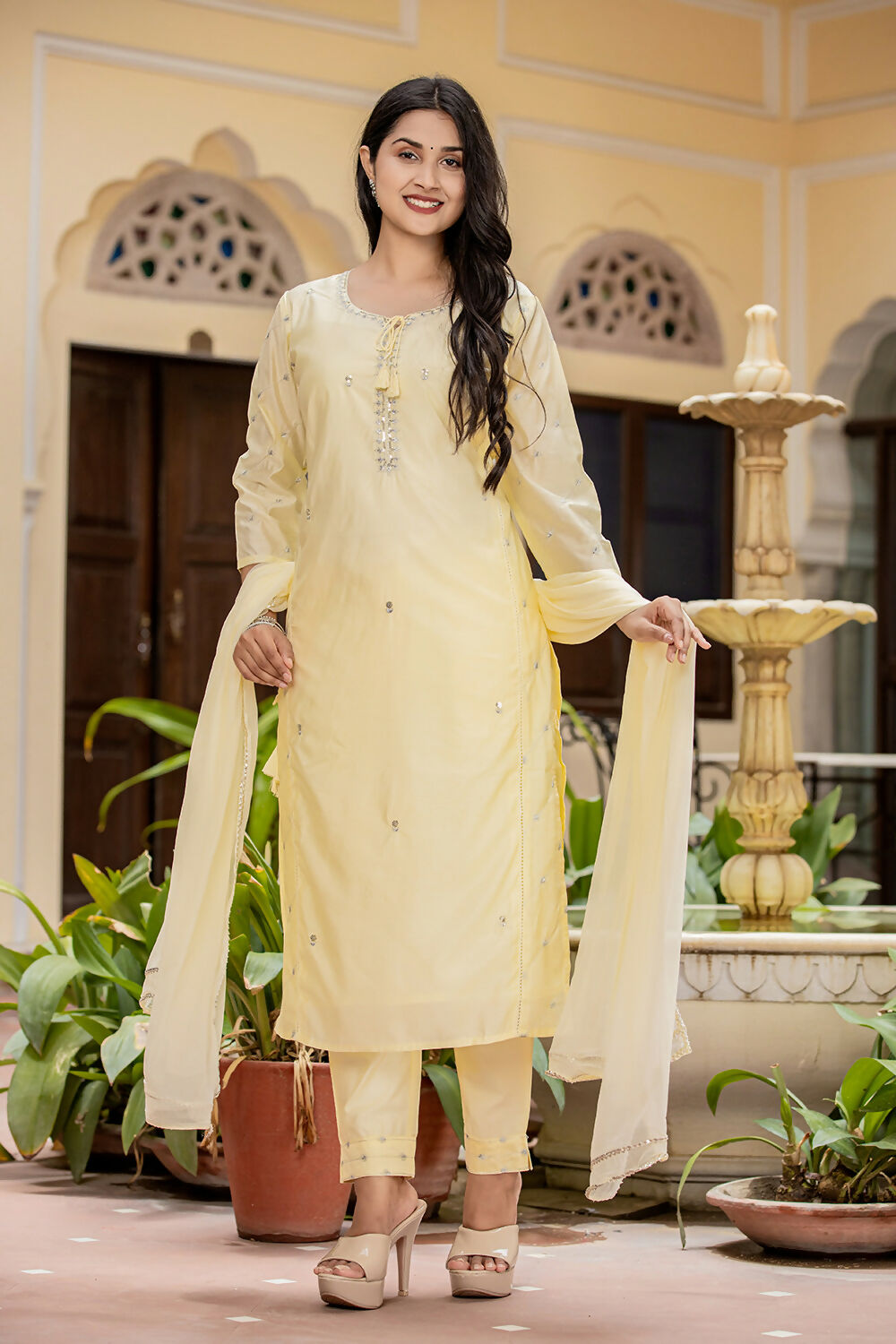 Kaajh Women's Light Yellow Modal Silk Kurta Pant Set With Dupatta | Grocsy